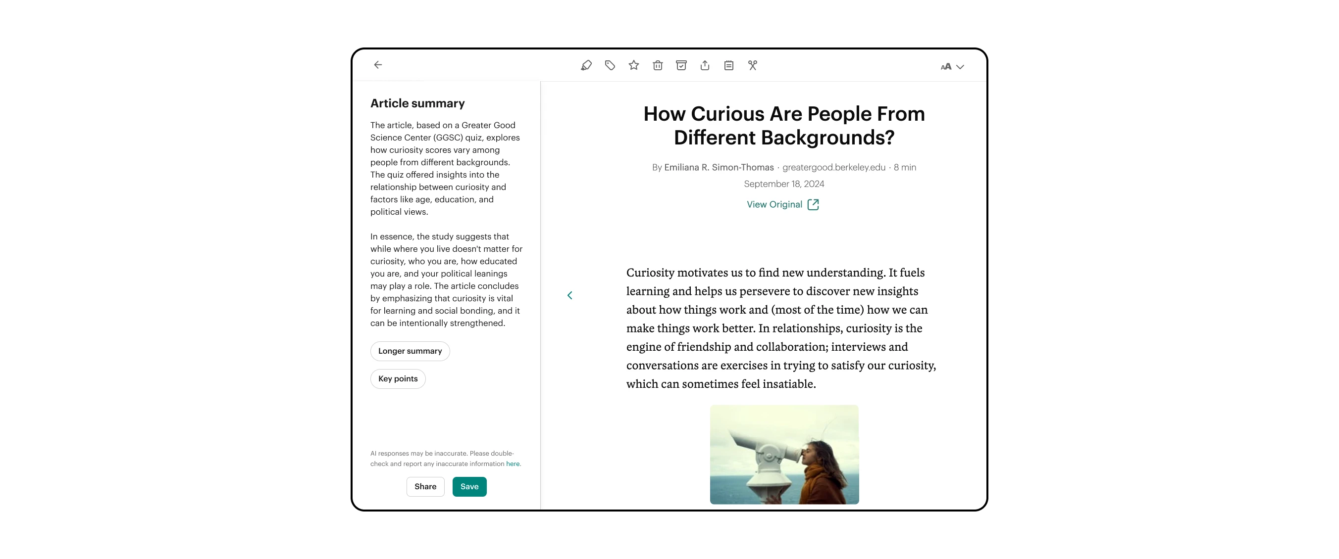 Pocket's Reader Mode interface with the addition of a generated AI article summary