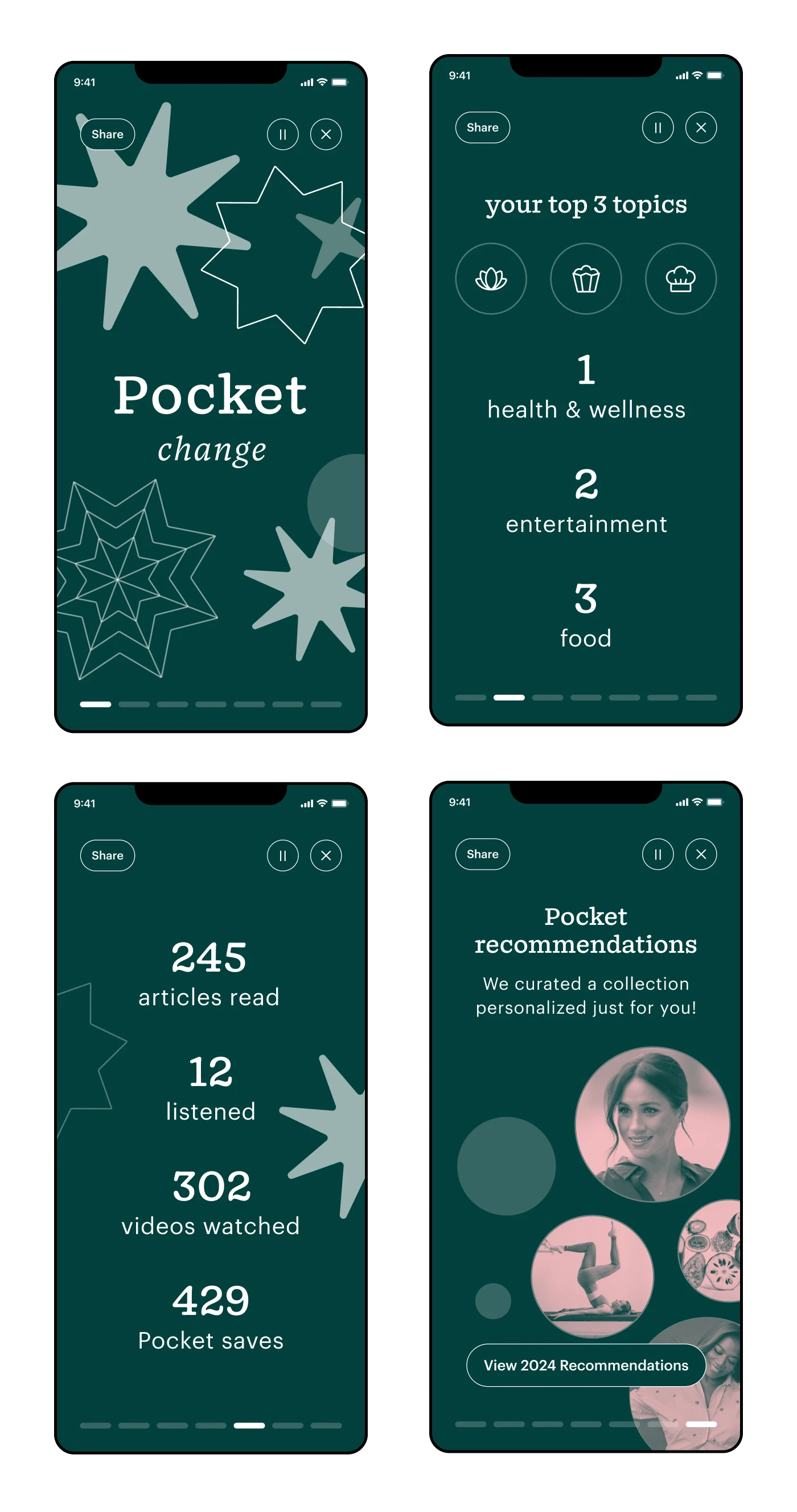 Mocks for the Pocket Change concept showing someone's top 3 topics, statistics of content consumed and a link to curated recommendations