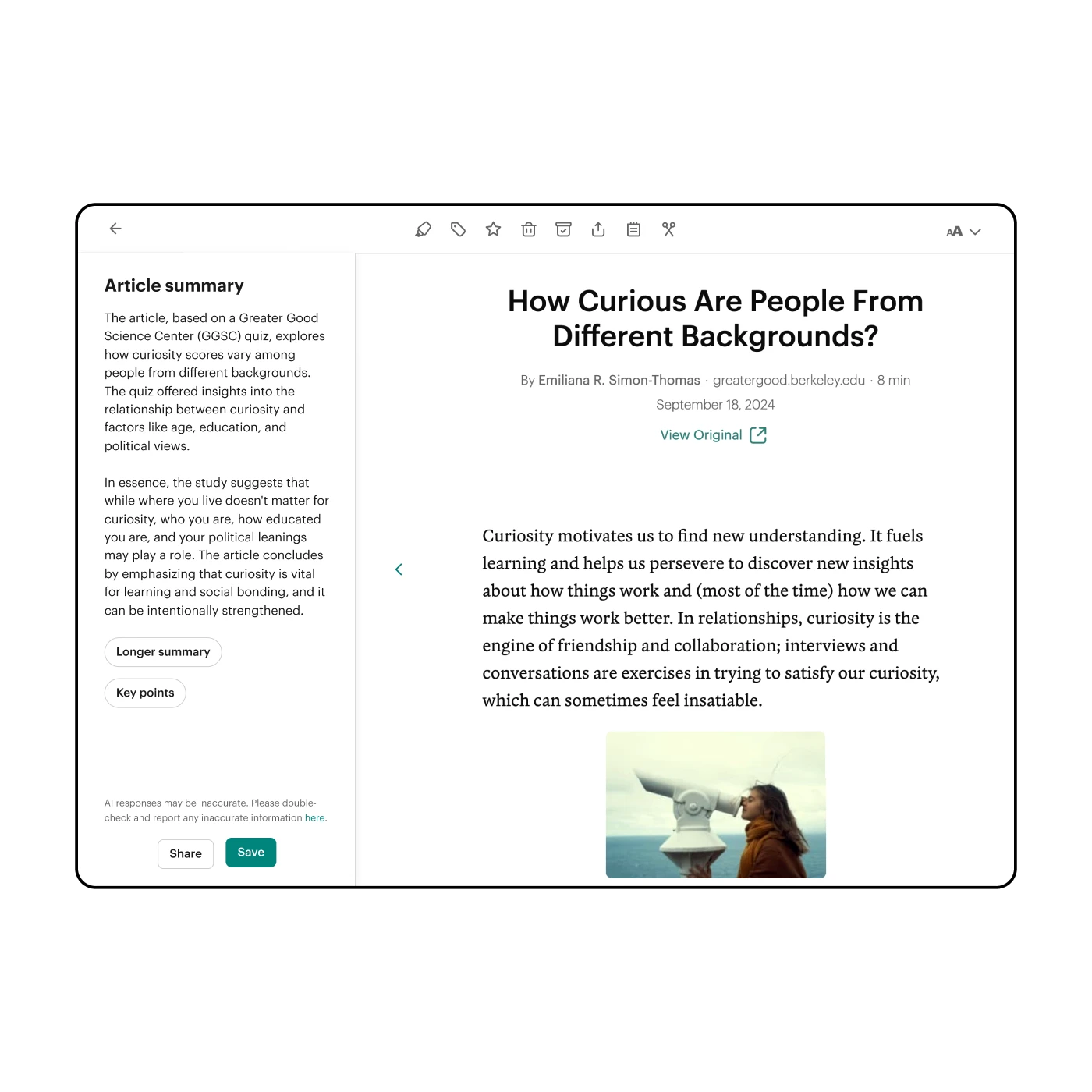 Pocket's Reader Mode interface with the addition of a generated AI article summary