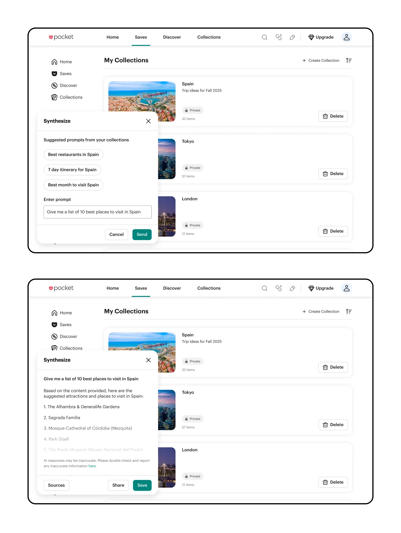 Mock-up showing the 'My Collections' screen within Pocket with a widget for synthesizing collection content