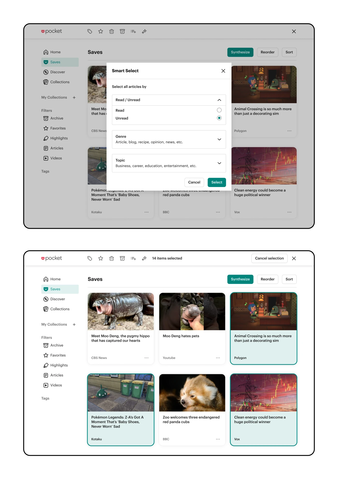 Two screens showing options to 'smart select' articles within Pocket and how those article cards would be depicted as selected to be further actioned upon