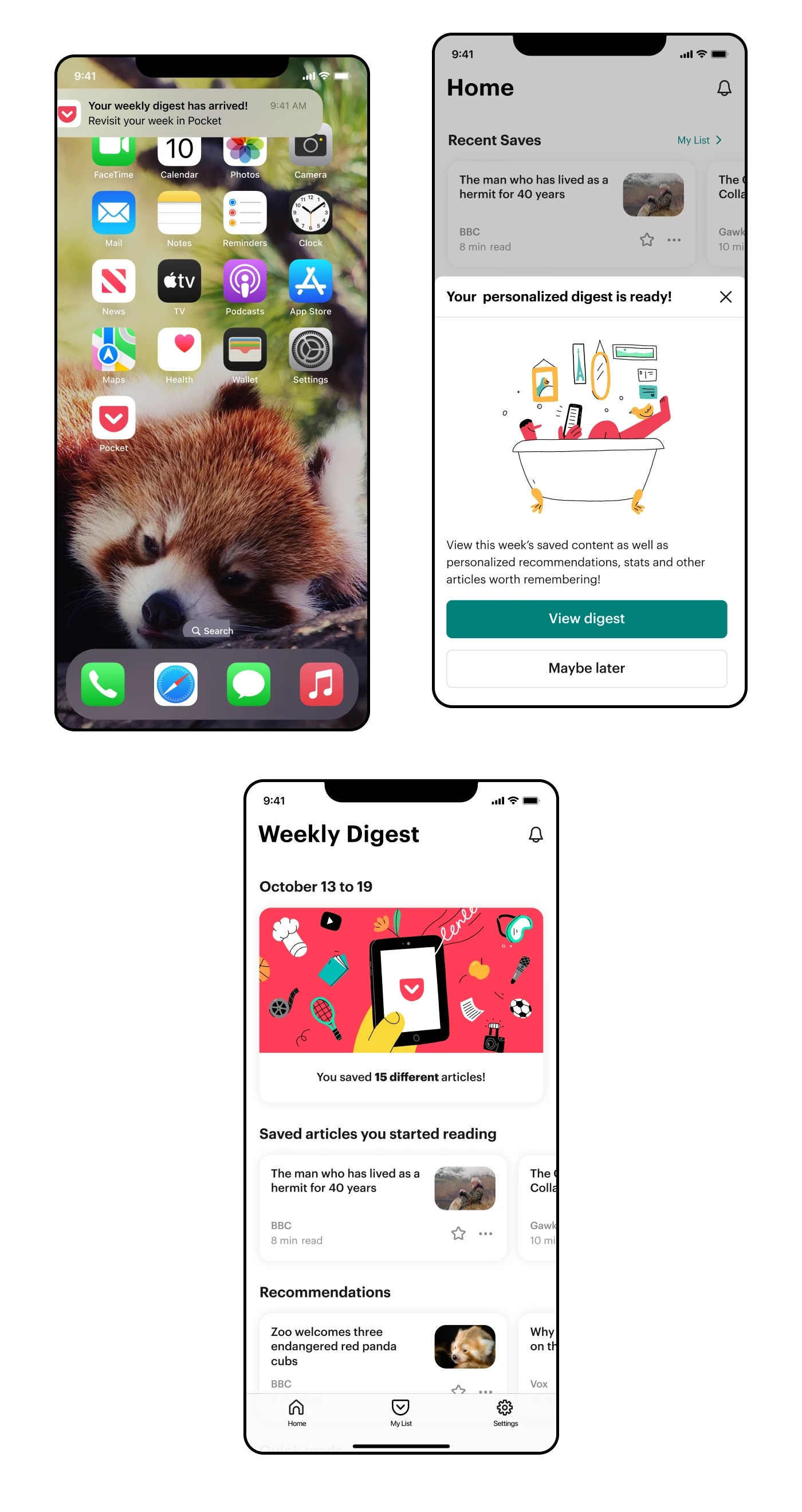 Flow of screens showing 1) someone being alerted their weekly digest is available from their home screen 2) a modal within Pocket with an option to view the digest or view it later 3) a weekly digest with sections for 'saved articles you started reading' and other recommendations
