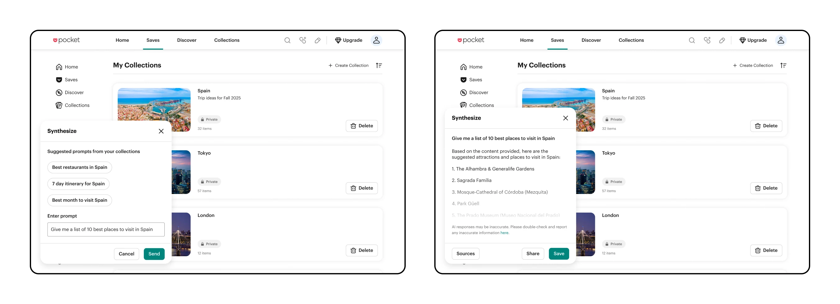 Mock-up showing the 'My Collections' screen within Pocket with a widget for synthesizing collection content