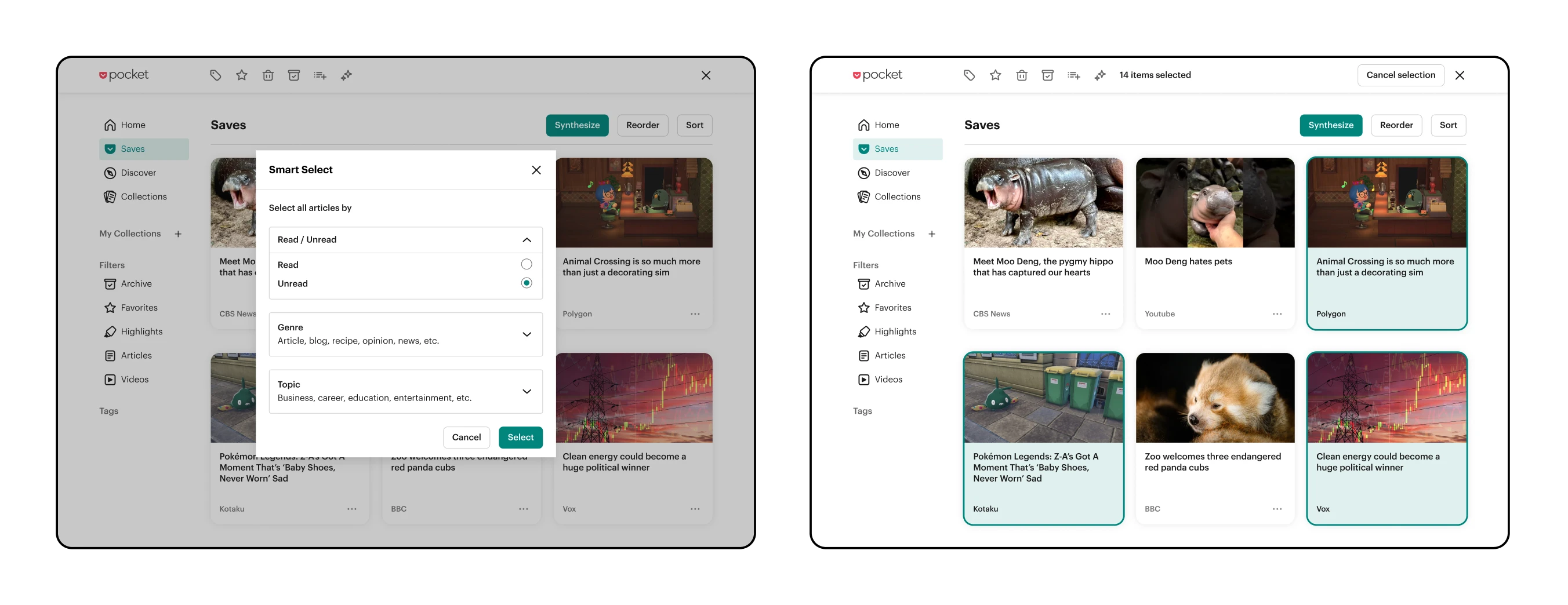 Two screens showing options to 'smart select' articles within Pocket and how those article cards would be depicted as selected to be further actioned upon
