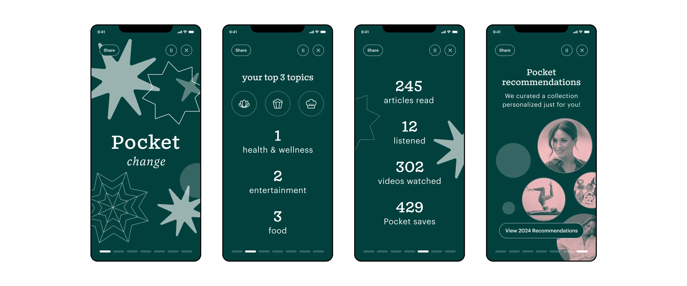 Mocks for the Pocket Change concept showing someone's top 3 topics, statistics of content consumed and a link to curated recommendations