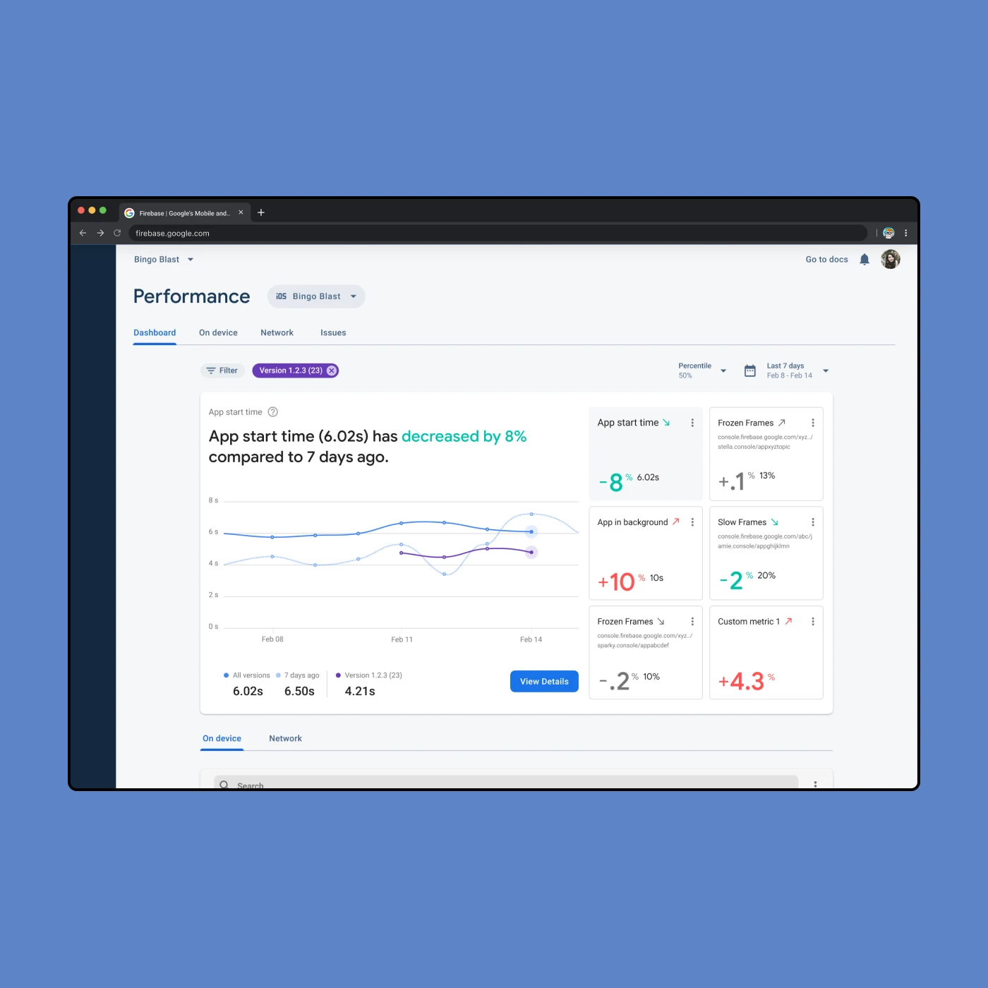 Mock of the Firebase Dashboard. There's a primary hero graph depicting 'app start time' and smaller cards showing the progress for other custom selected metrics.