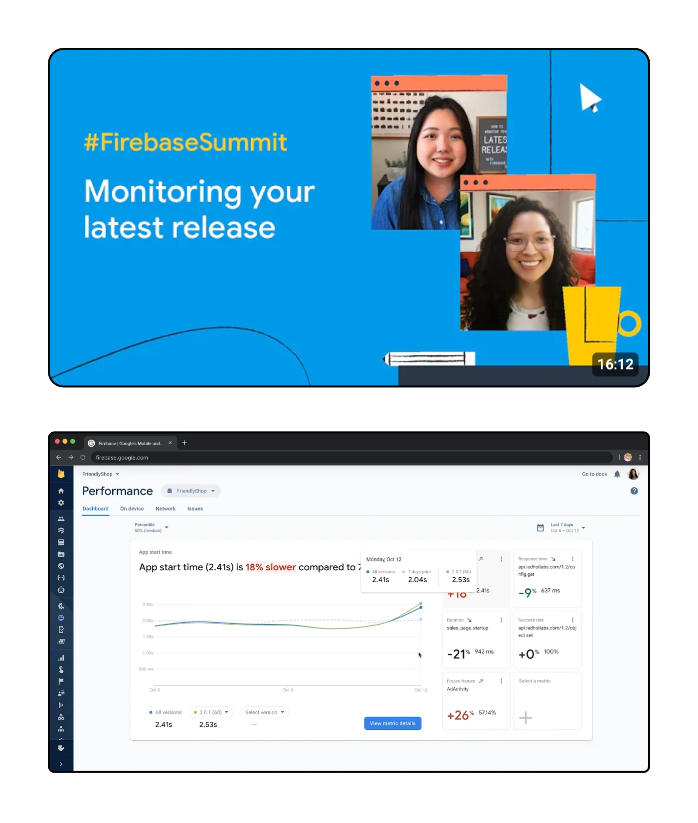 A thumbnail of Google's Youtube video for the Firebase Summit that highlights the launch of this dashboard next to a screenshot showing the implemented dashboard