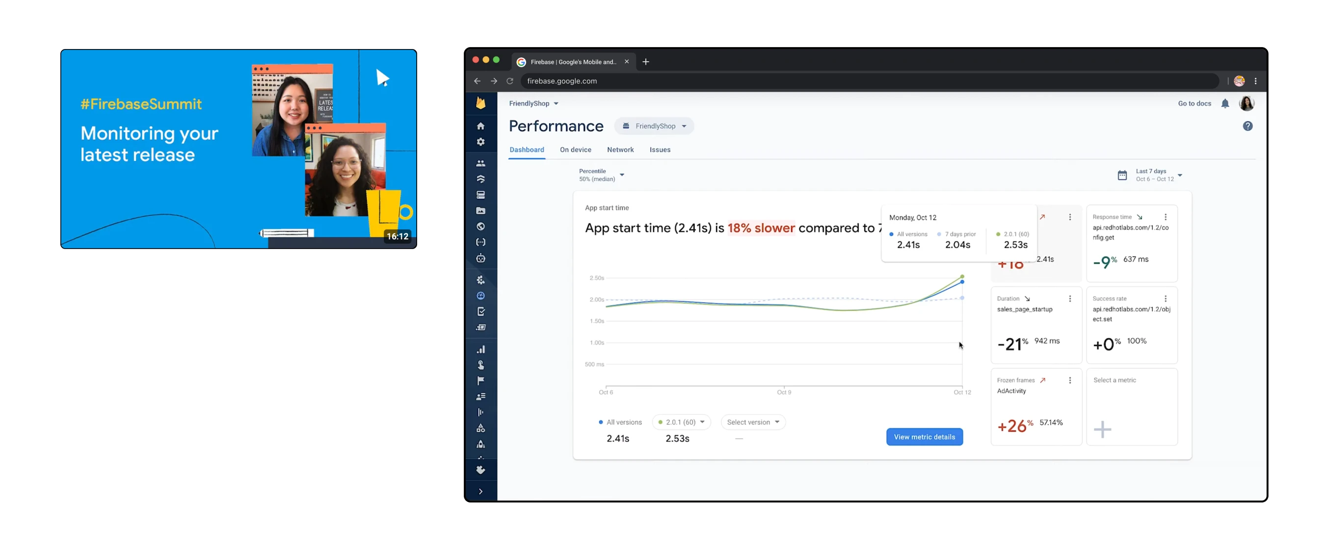 A thumbnail of Google's Youtube video for the Firebase Summit that highlights the launch of this dashboard next to a screenshot showing the implemented dashboard