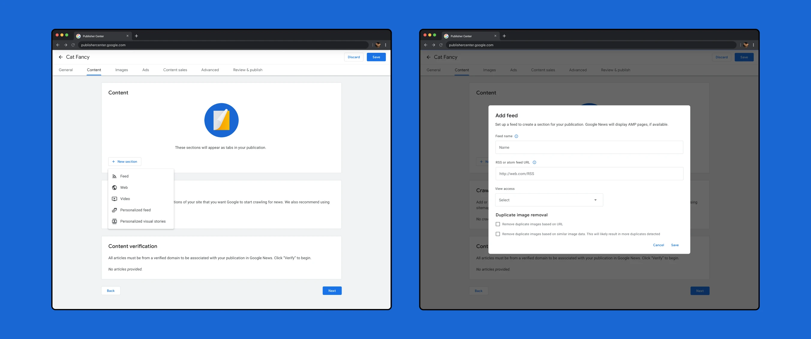 Two mocks showing how to add a feed within the updated Publisher Center. The first screen shows the 'New Section' dropdown with options for 'Feed', 'Web', 'Video', 'Personalized feed' and 'Personalized visual stories.' The second screen shows the 'Add feed' modal and form.