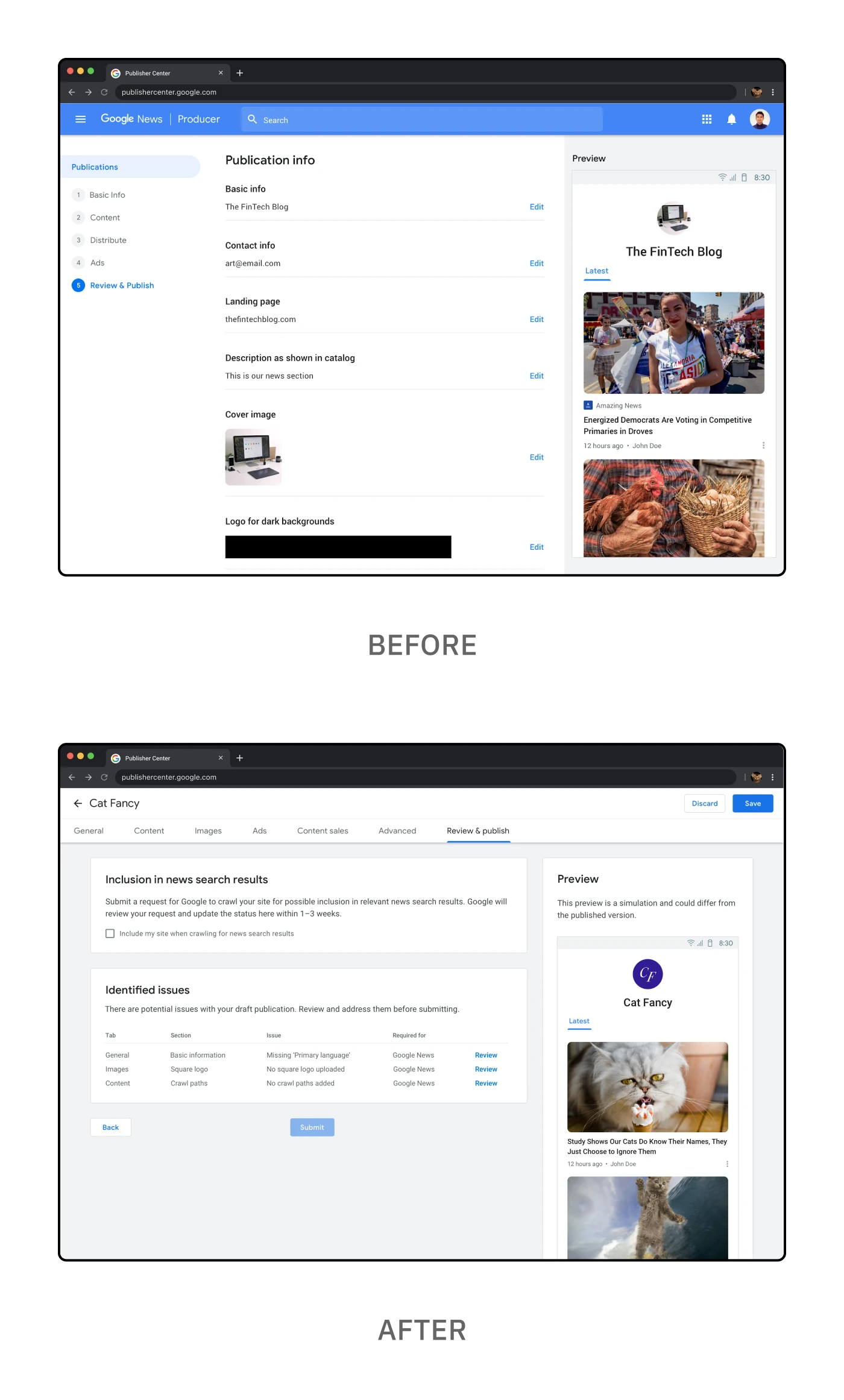 Two mocks showing the 'Before' and 'After' for the 'Review & Publish' screen. The first mock was designed from the previous designer and lists all content for each tab. The second mock shows the revised design which is focused on highlighting issues on publishing.