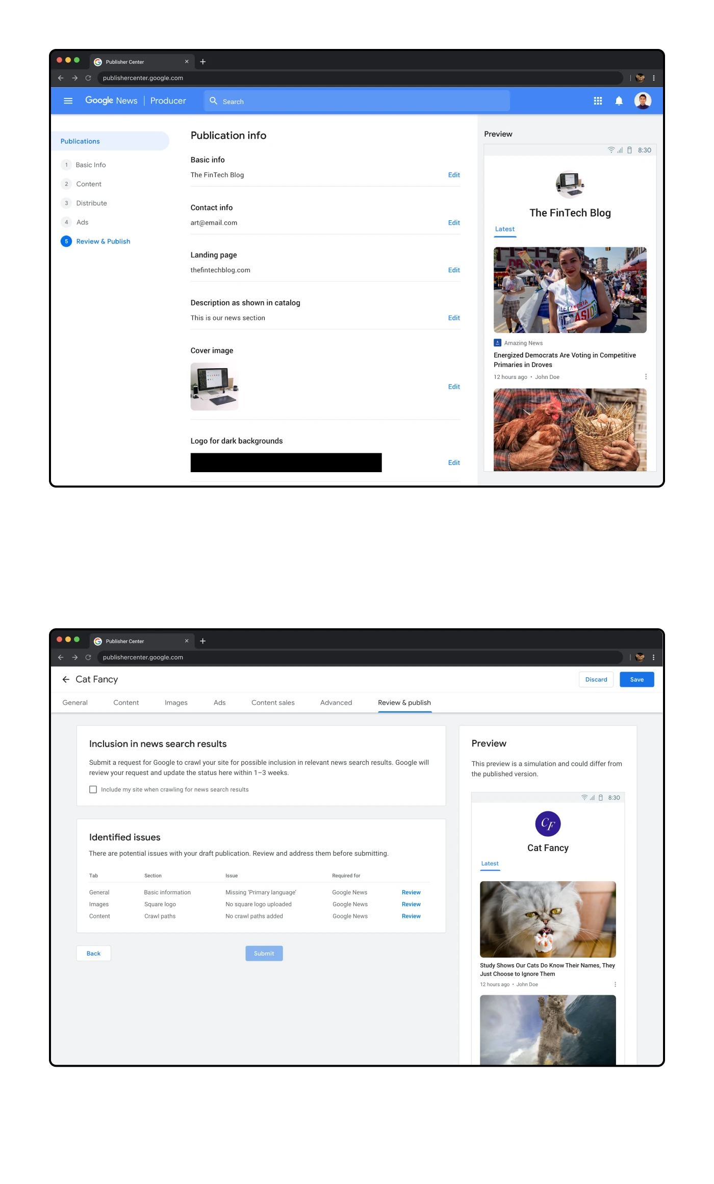 Two mocks showing the 'Before' and 'After' for the 'Review & Publish' screen. The first mock was designed from the previous designer and lists all content for each tab. The second mock shows the revised design which is focused on highlighting issues on publishing.