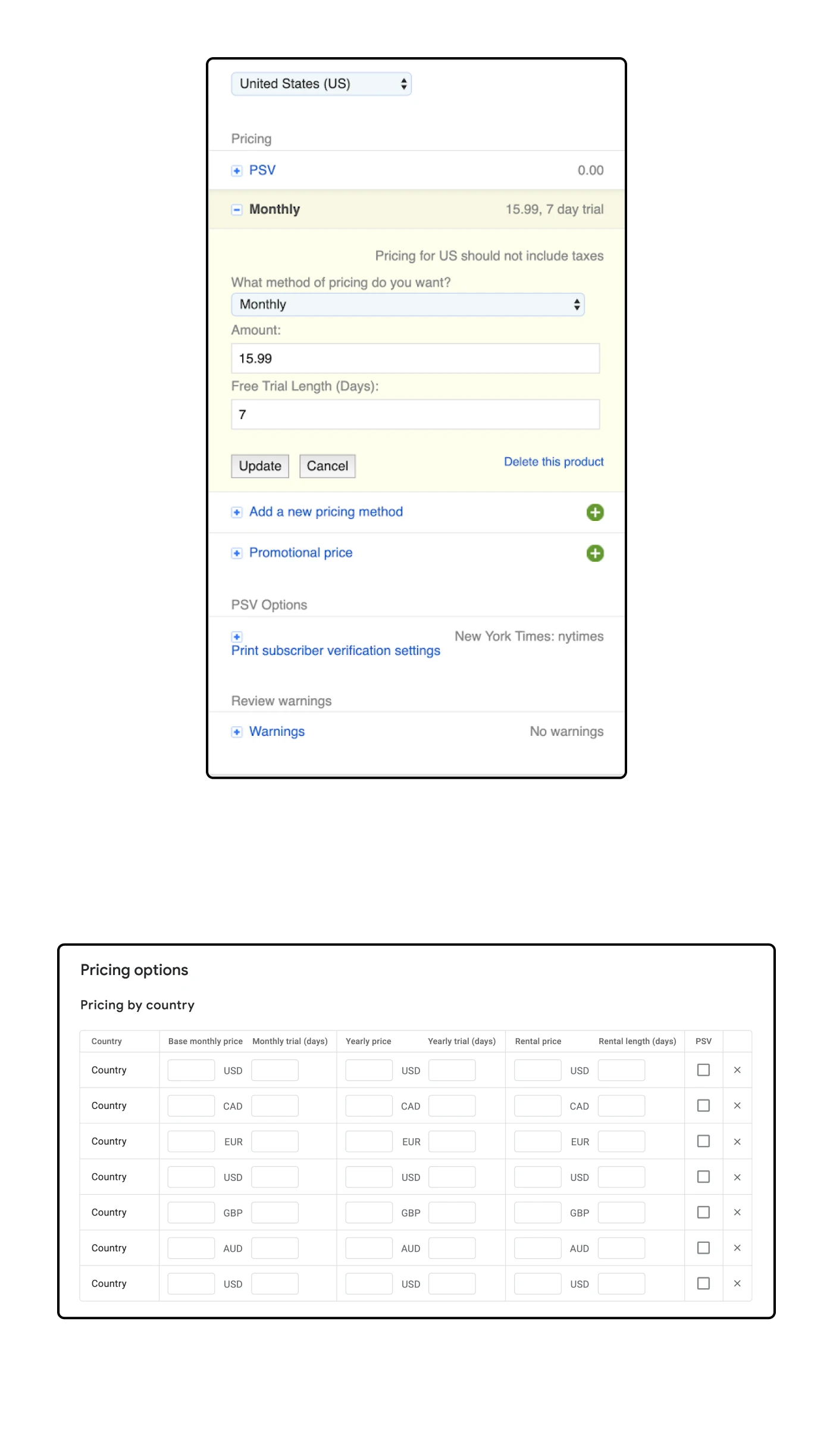 The 'Before' and 'After' for a pricing options table. The previous design required the user to manually set each country individually. The revised design allows for setting all countries at once using a table format.