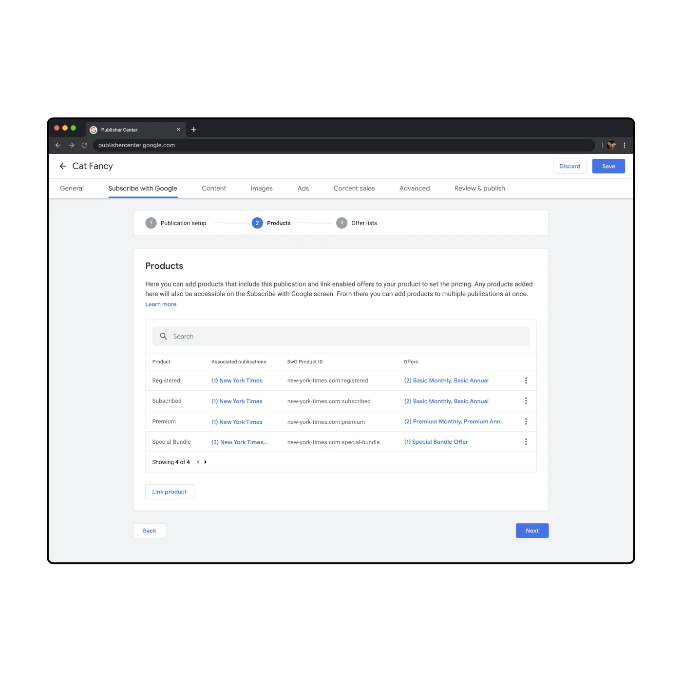A mock showing the 'Subscribe with Google' screen within Publisher Center. This is a 3-step process within 'Edit Mode' that allows users to set up their publications for purchase within the Google ecosystem.
