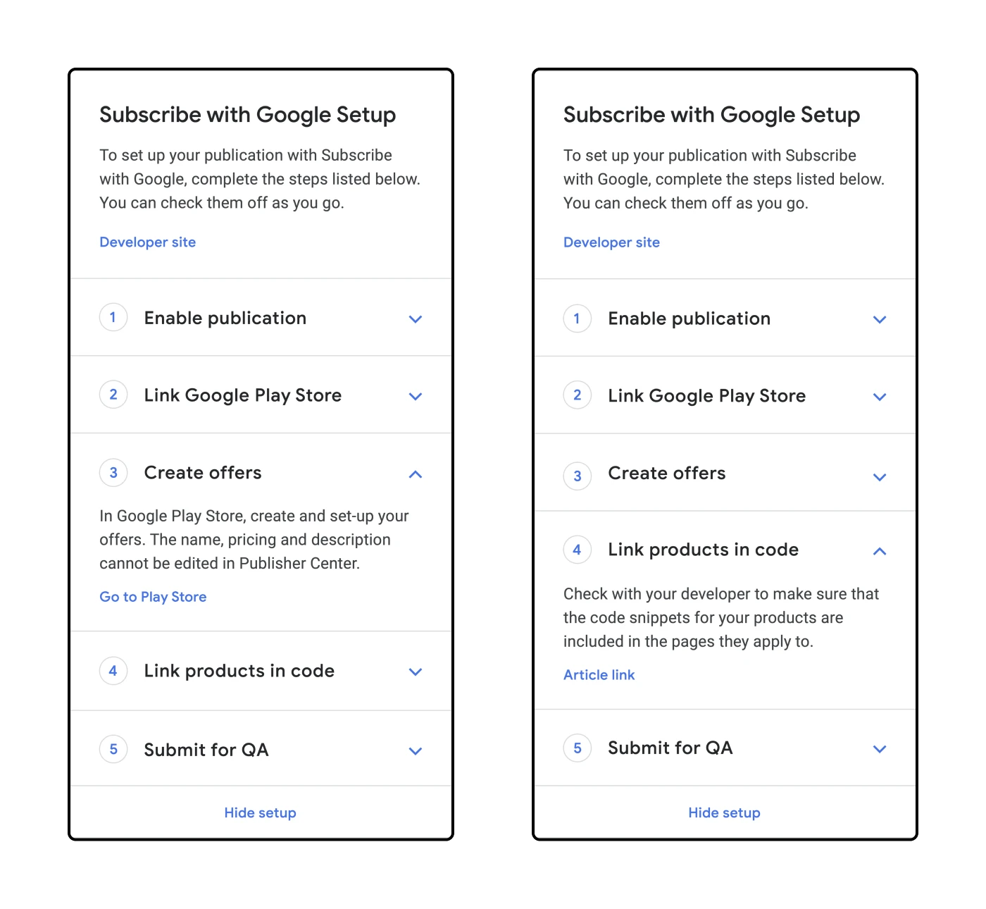 A couple of the 'Subscribe with Google setup steps: 3) Create offers and 4) Link products in code