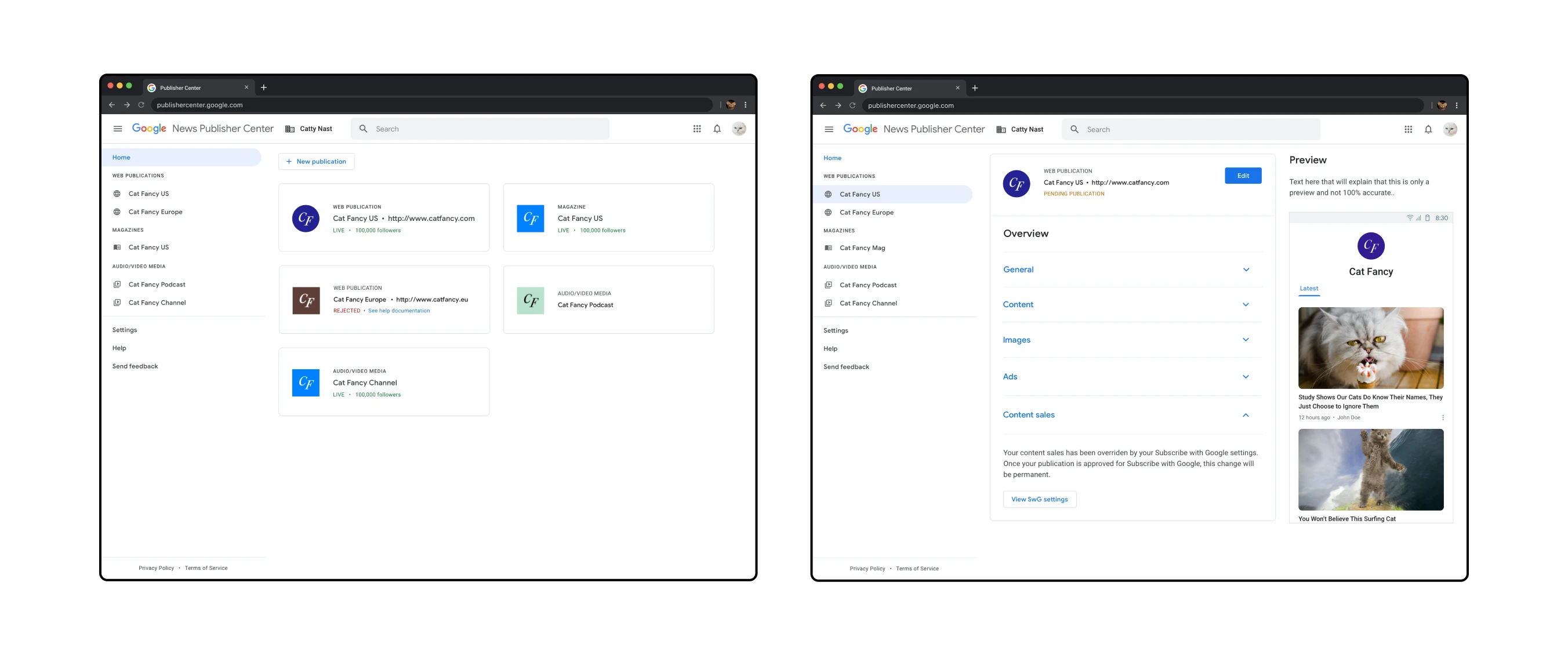 Two mocks showing the revised Publisher Center landing page and publication overview. The first mock shows multiple publication cards on the initial landing page. The second mock shows an overview focused on a single publication with the content organized into expandable sections.
