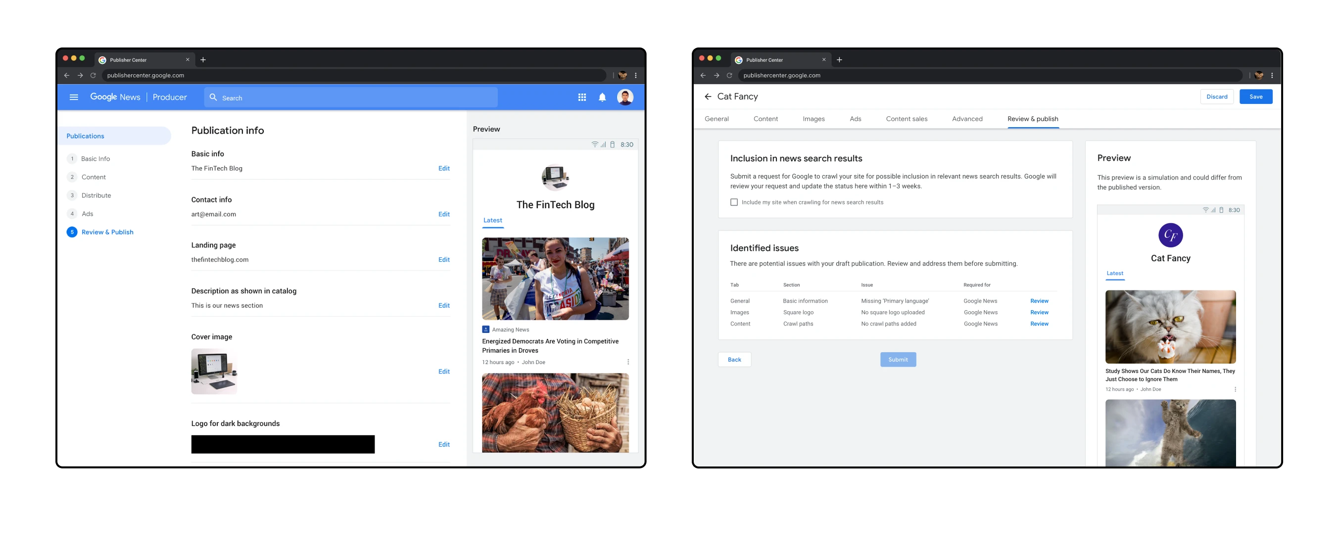 Two mocks showing the 'Before' and 'After' for the 'Review & Publish' screen. The first mock was designed from the previous designer and lists all content for each tab. The second mock shows the revised design which is focused on highlighting issues on publishing.