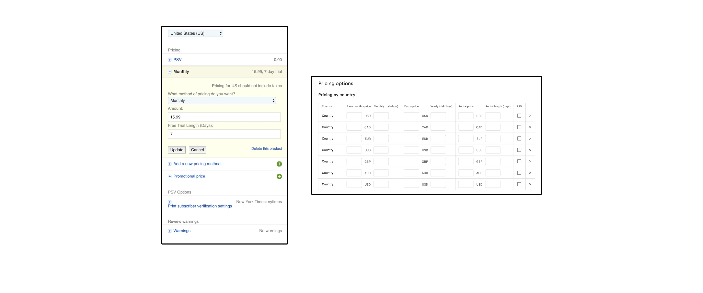 The 'Before' and 'After' for a pricing options table. The previous design required the user to manually set each country individually. The revised design allows for setting all countries at once using a table format.