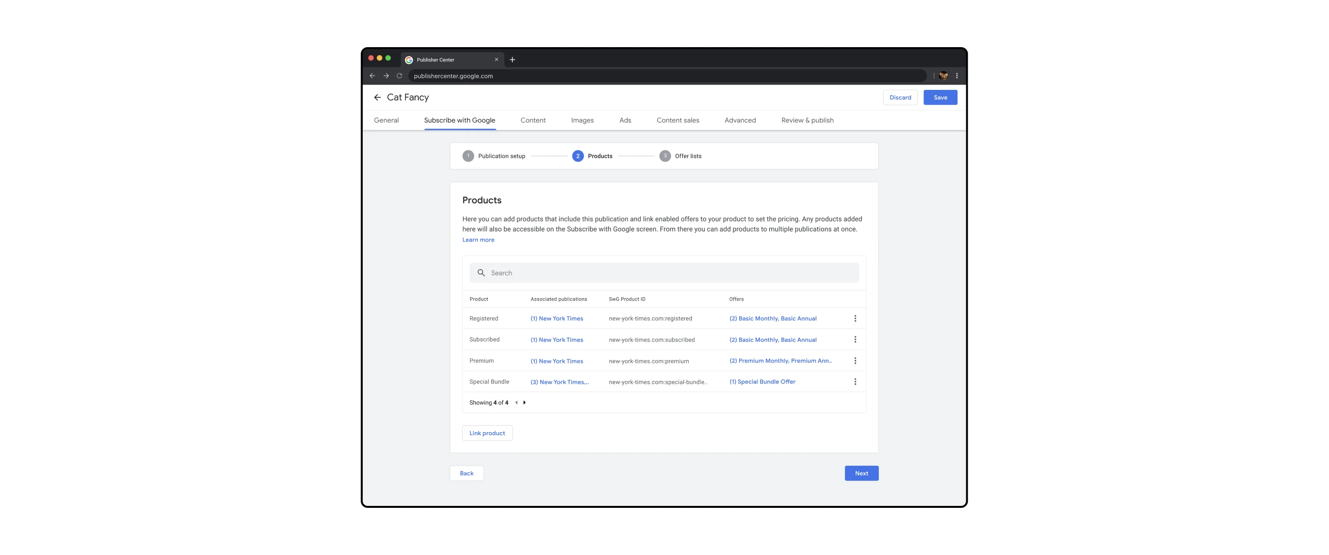 A mock showing the 'Subscribe with Google' screen within Publisher Center. This is a 3-step process within 'Edit Mode' that allows users to set up their publications for purchase within the Google ecosystem.