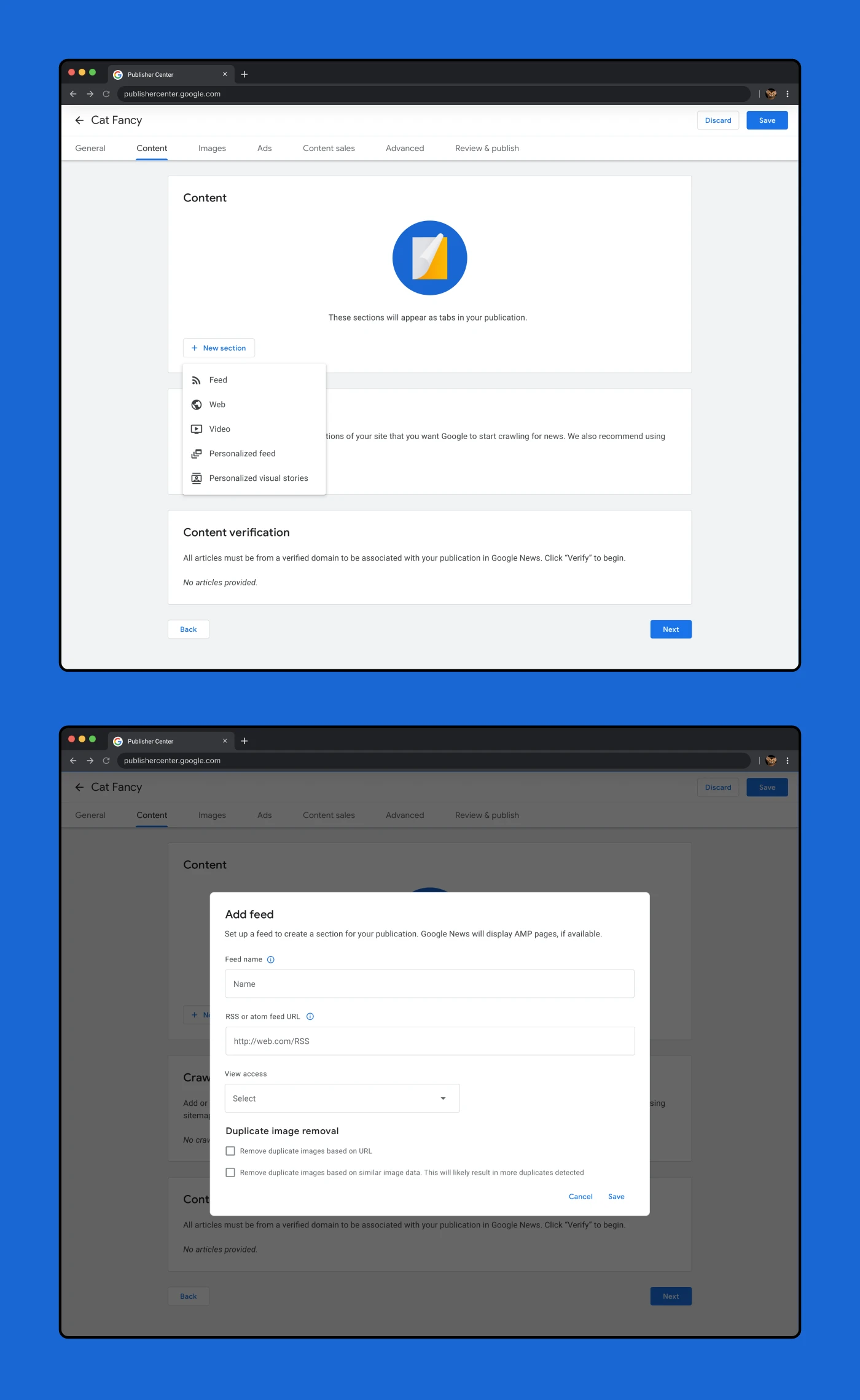 Two mocks showing how to add a feed within the updated Publisher Center. The first screen shows the 'New Section' dropdown with options for 'Feed', 'Web', 'Video', 'Personalized feed' and 'Personalized visual stories.' The second screen shows the 'Add feed' modal and form.