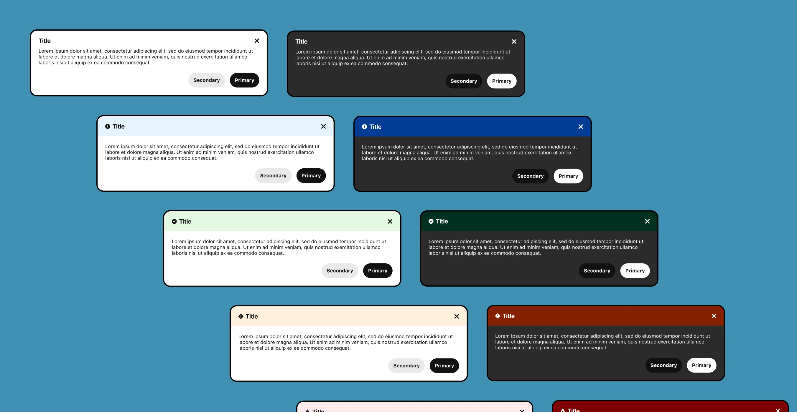 Different variations for the revised Callout component in light mode and dark mode. The sentiments shown are: default (no color), informational (blue), success (green), warning (yellow) and just a cropped part of error (red)