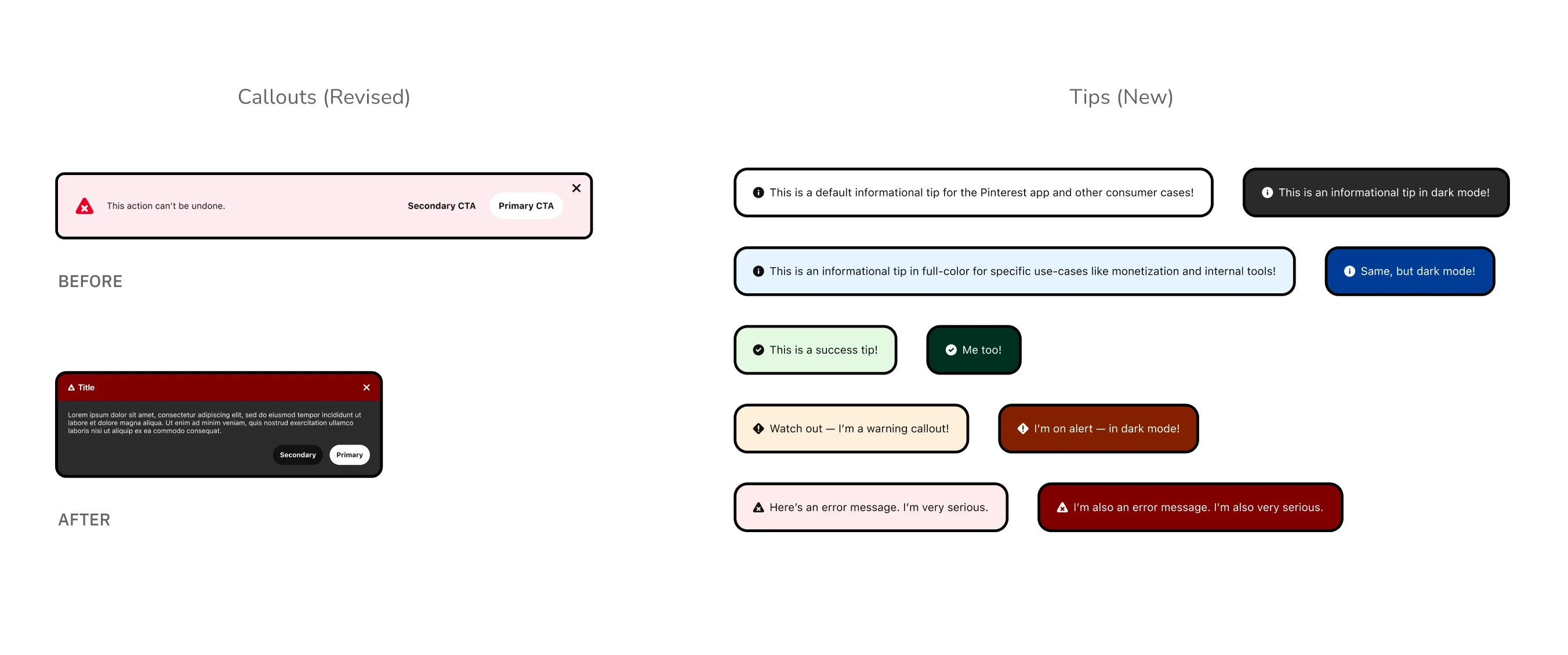 'Before and 'After' showing an example for Callouts and the new component 'Tips' which are for short-form content that is one-line and utilizes an icon and color to denote the sentiment