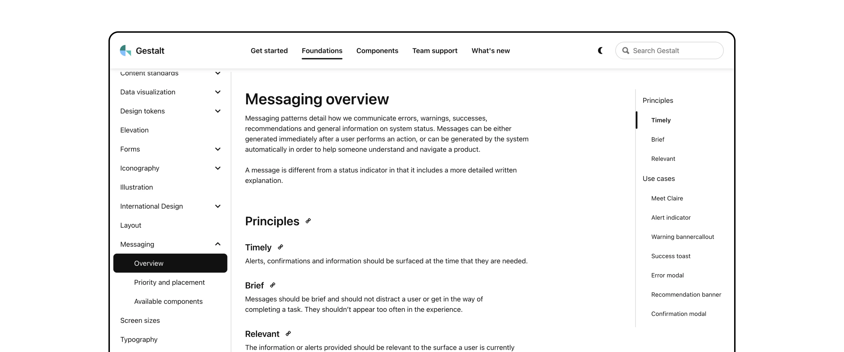 A screenshot of the Gestalt website on from when it was publicly available. The page shown is the 'Messaging overview' which was inspired by this project