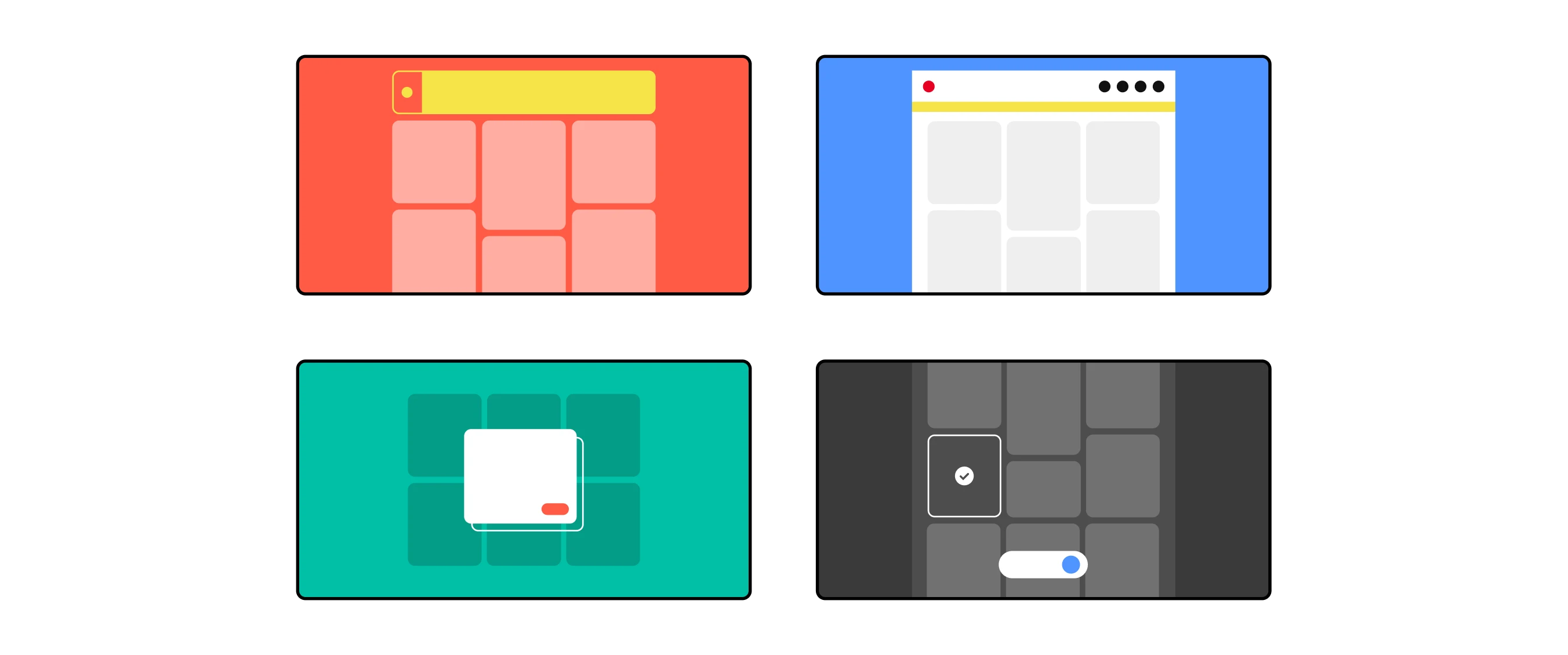 Simply rendered illustrations depicting Callouts, Alerts, Modals and Toast components. The illustrations utilize the Gestalt color palette using simple shapes to reflect the trademark mosiac grid used on Pinterest