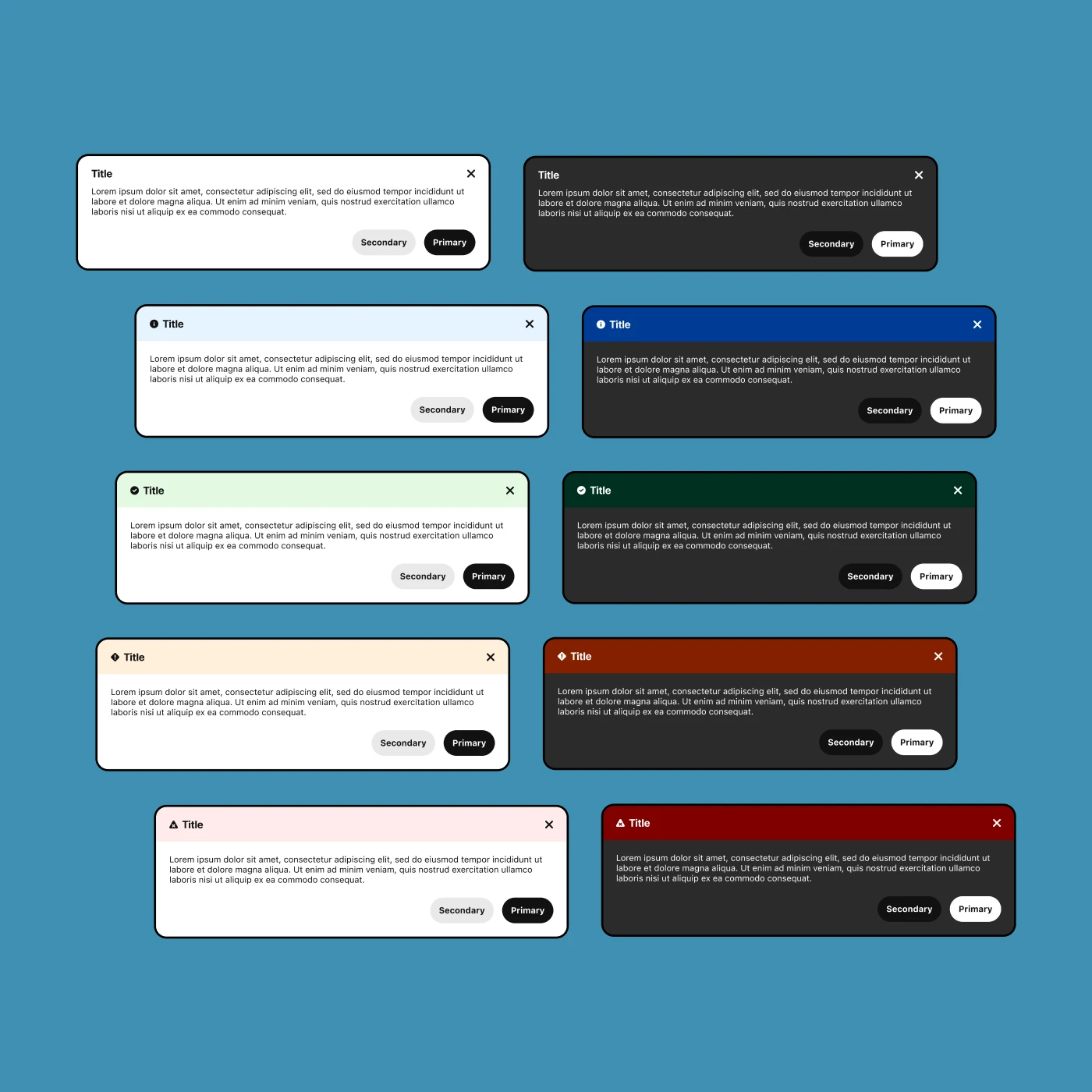 Different variations for the revised Callout component in light mode and dark mode. The sentiments shown are: default (no color), informational (blue), success (green), warning (yellow) and just a cropped part of error (red)