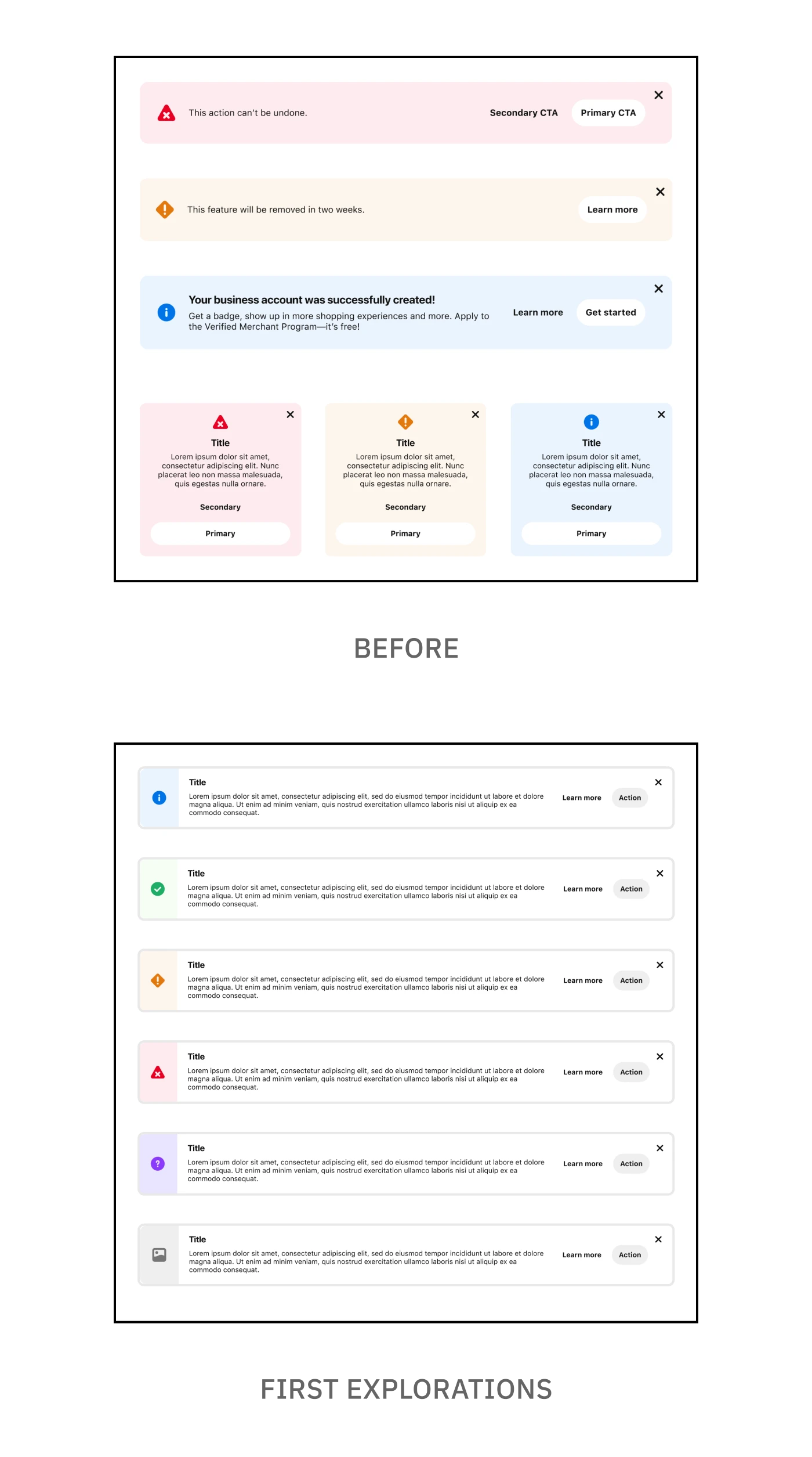 'Before' and 'After' for the first round of Callout explorations. The previous Callouts were full-color red, yellow and blue to denote error, warning and informational. My first explorations expanded the sentiments to include success (green), guidance (purple) and a default (gray) for more generic use-cases