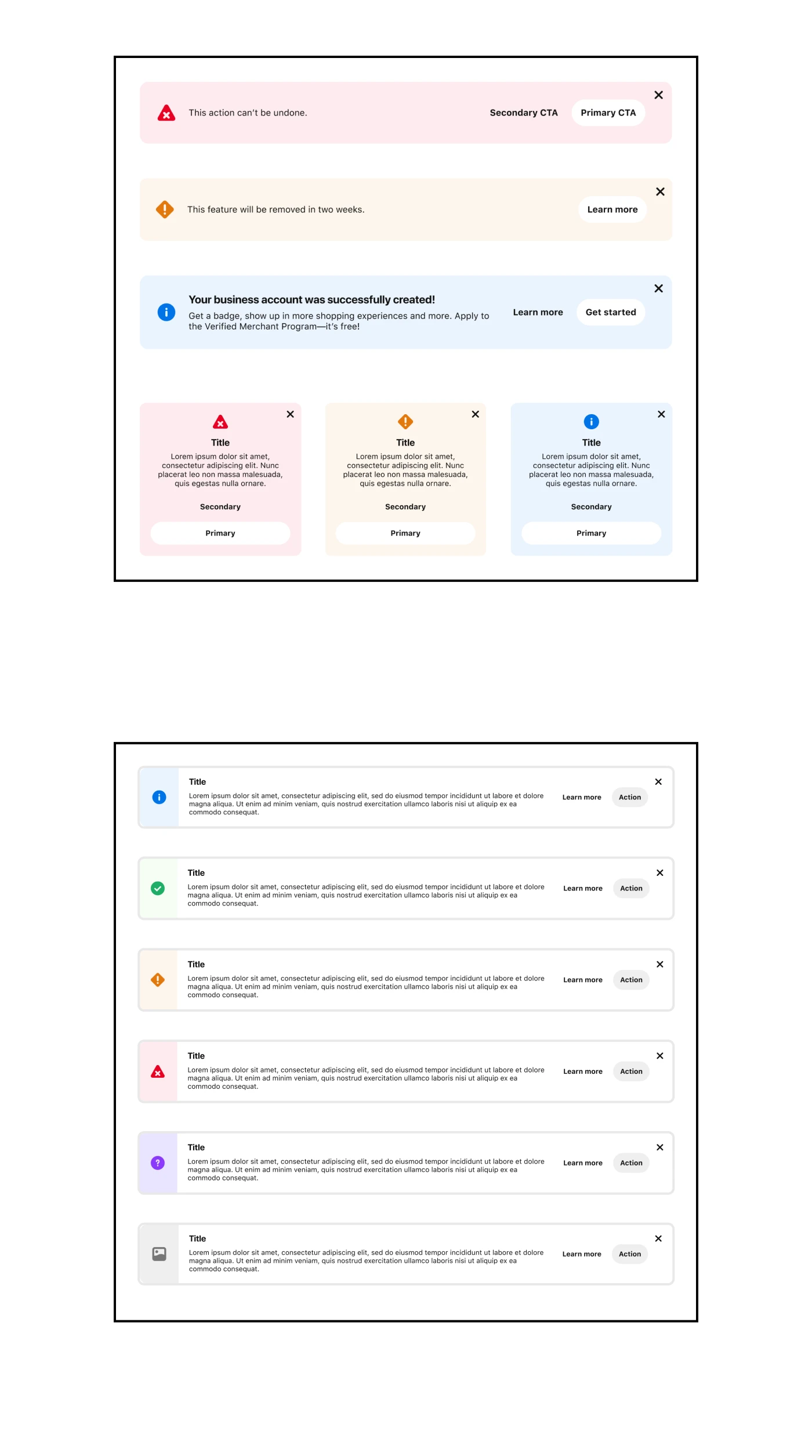 'Before' and 'After' for the first round of Callout explorations. The previous Callouts were full-color red, yellow and blue to denote error, warning and informational. My first explorations expanded the sentiments to include success (green), guidance (purple) and a default (gray) for more generic use-cases
