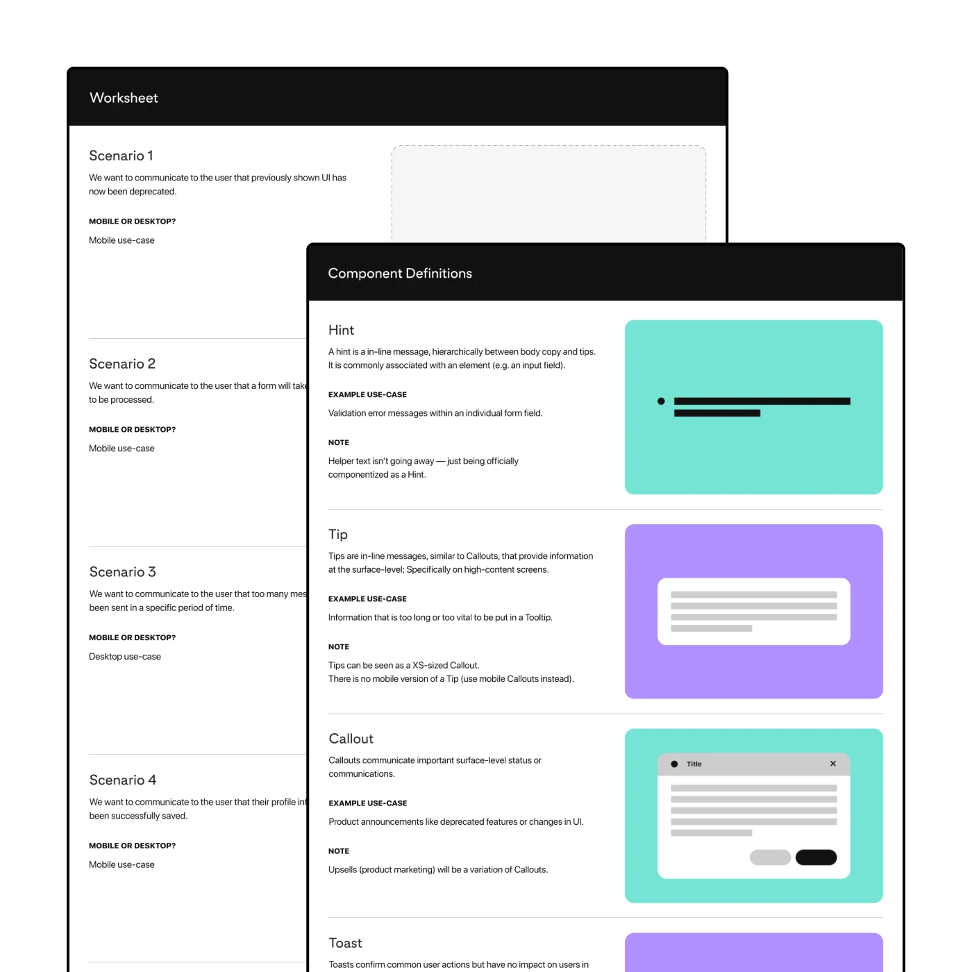 Two images showing a glimpse of the worksheet with listed scenarios (ex: 'We want to communicate to the user that previously shown UI has been deprecated') and a component definitions sheet listing the various components with an example use-case and additional notes