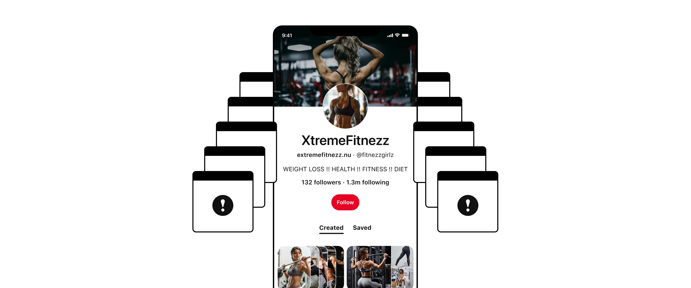 A mock of a Pinterest profile for the fictional account 'ExtremeFitnezz' which shows a questionable looking profile surrounded by pop-ups with warning exclamation points