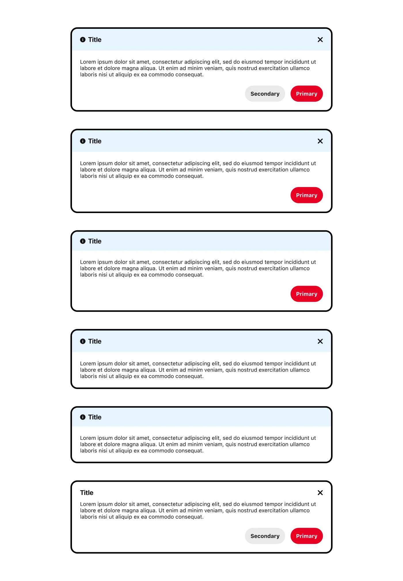 Variations of the Callout component including options with one action, two actions, no actions, no dismiss, and no color header. There are also various headers to show the interaction design states (default, tabbed, hover, pressed)