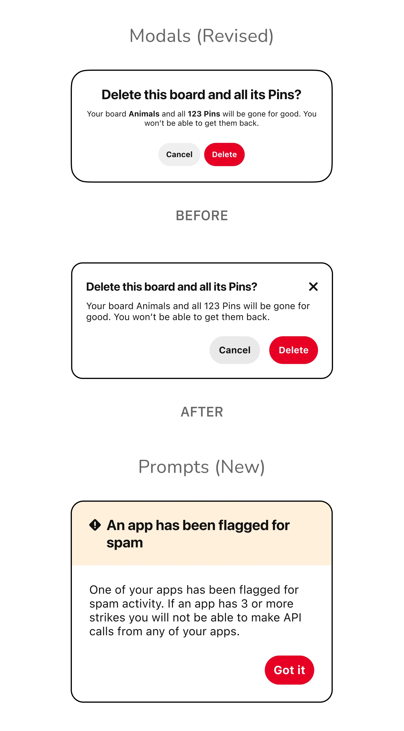'Before' and 'After' for the revised modal components (two actions, dimissable) and the new component 'Prompts' which only have a single action and cannot be dismissed otherwise