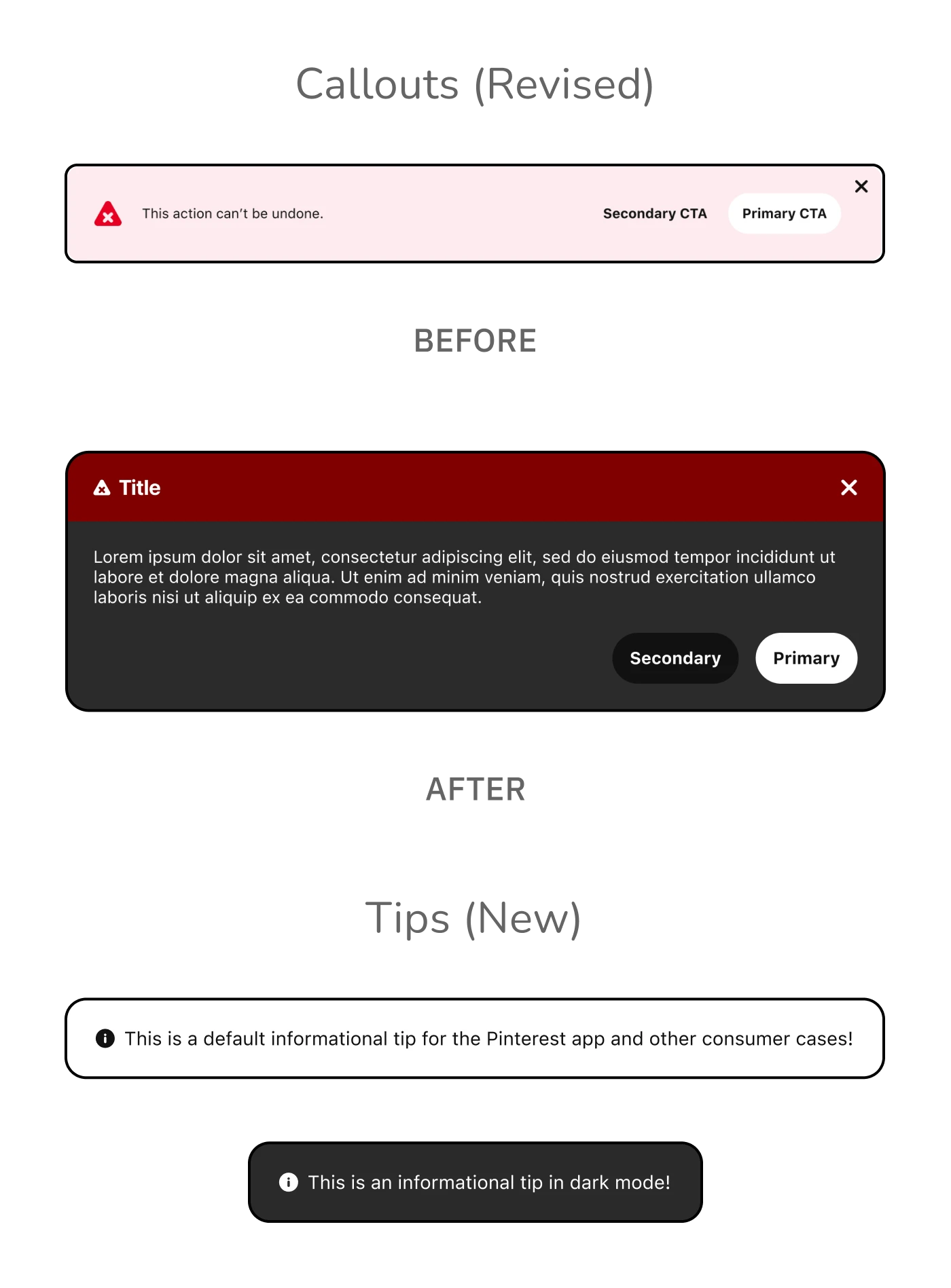 'Before and 'After' showing an example for Callouts and the new component 'Tips' which are for short-form content that is one-line and utilizes an icon and color to denote the sentiment