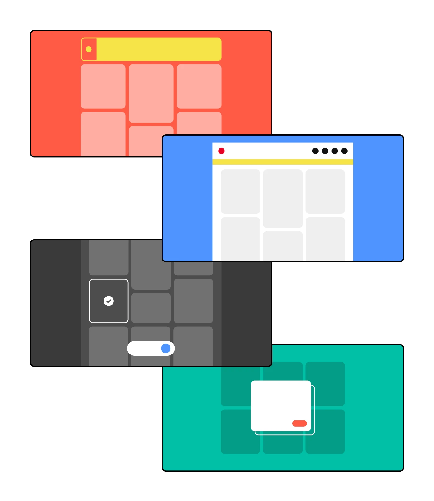 Simply rendered illustrations depicting Callouts, Alerts, Modals and Toast components. The illustrations utilize the Gestalt color palette using simple shapes to reflect the trademark mosiac grid used on Pinterest