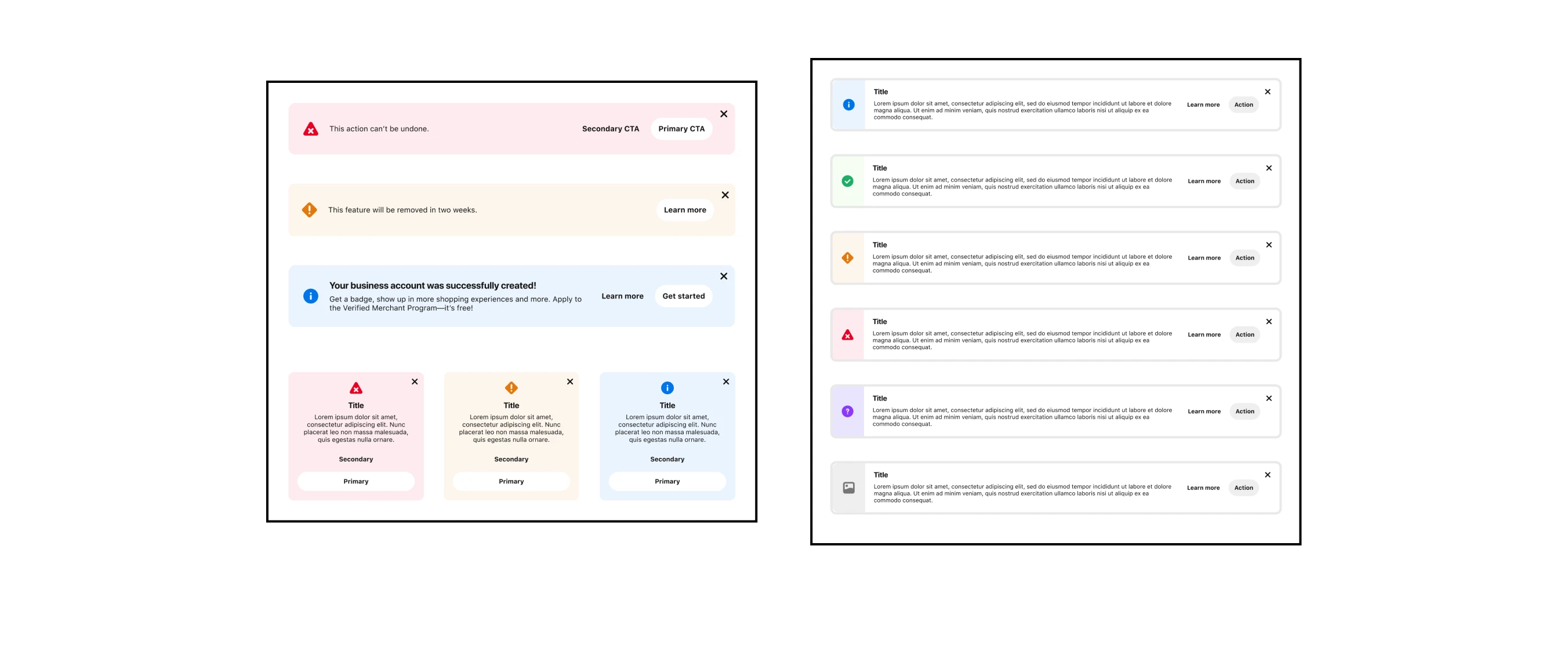 'Before' and 'After' for the first round of Callout explorations. The previous Callouts were full-color red, yellow and blue to denote error, warning and informational. My first explorations expanded the sentiments to include success (green), guidance (purple) and a default (gray) for more generic use-cases