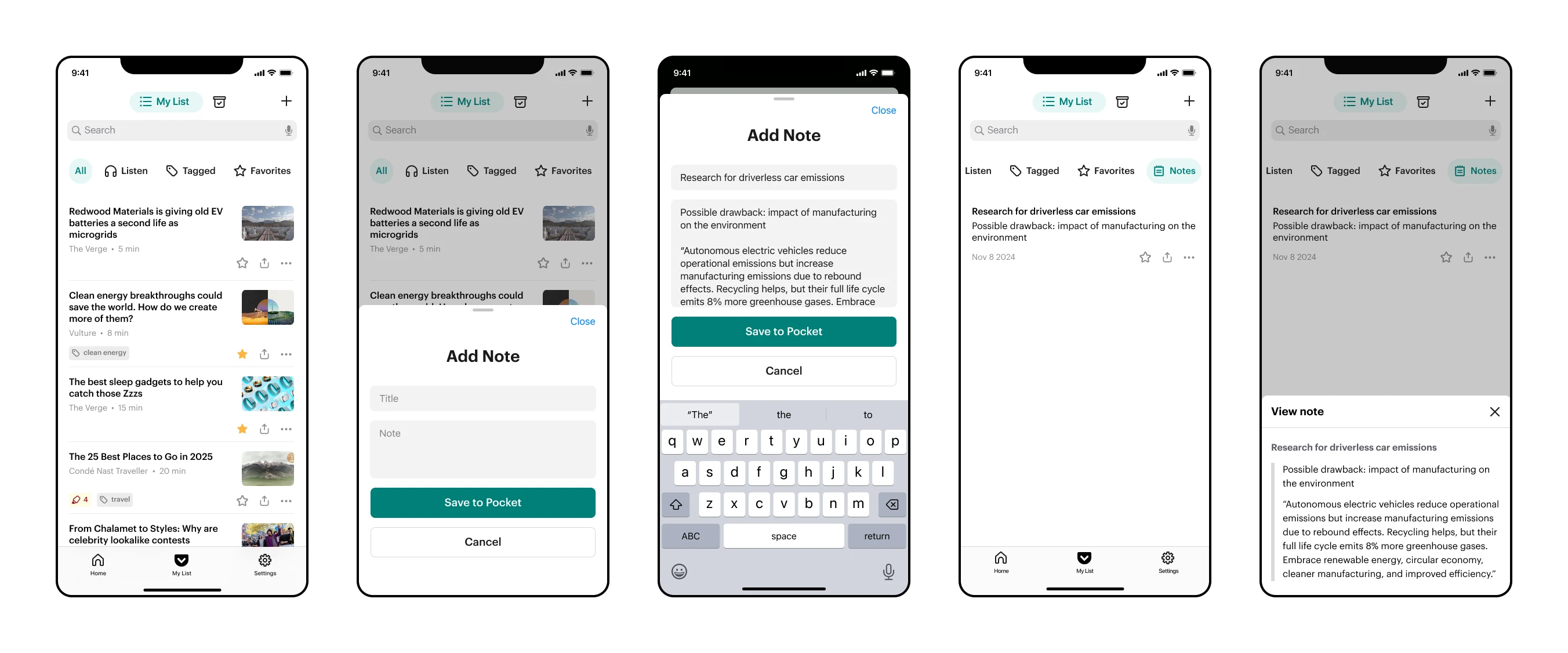 Core screens showing adding a note to Pocket, including viewing a note that has been added