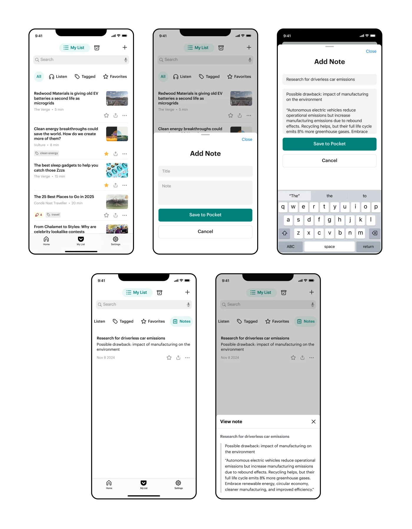 Core screens showing adding a note to Pocket, including viewing a note that has been added