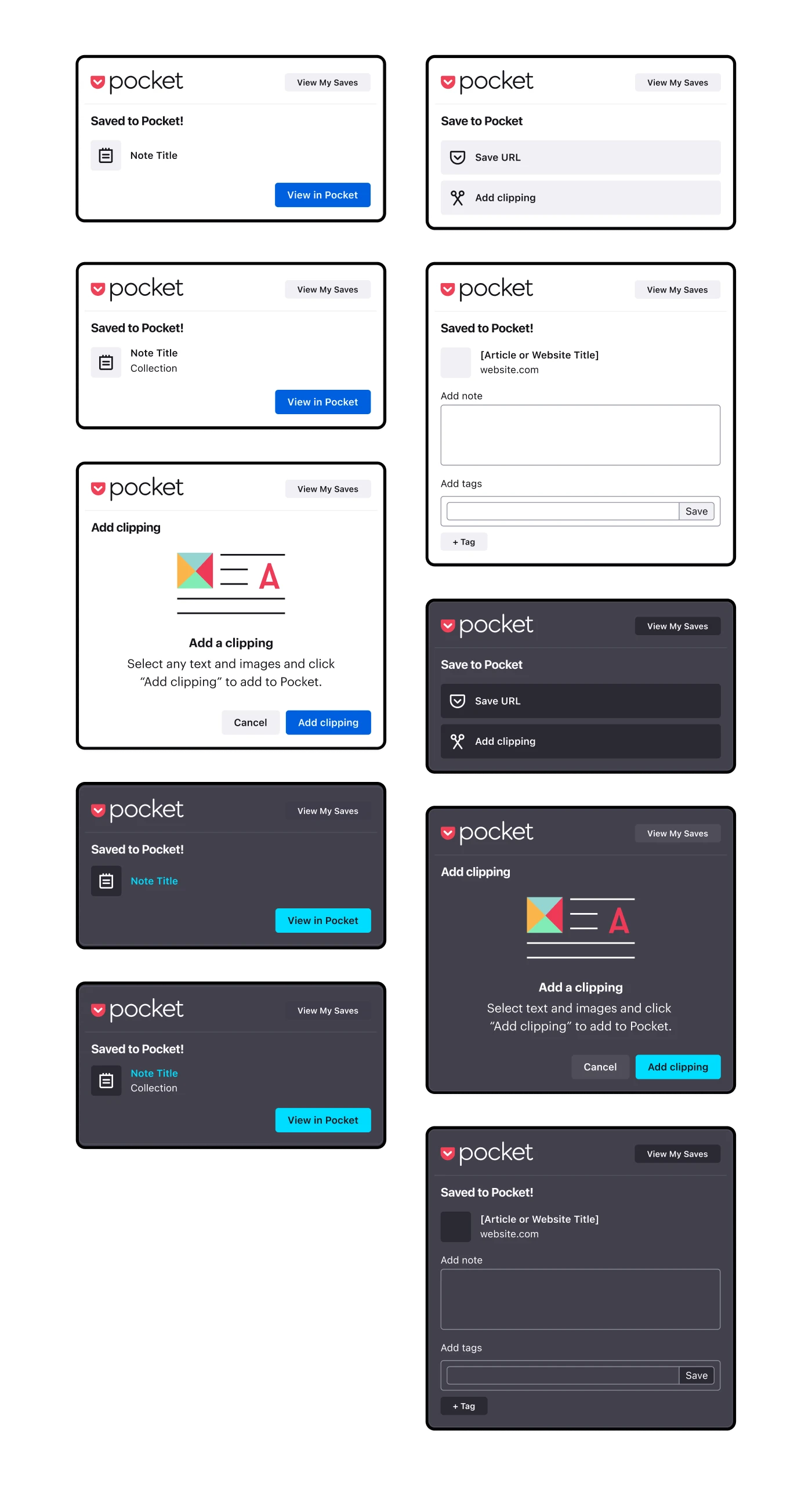 Various widgets for the Pocket Firefox extension, shown in both light mode and dark mode