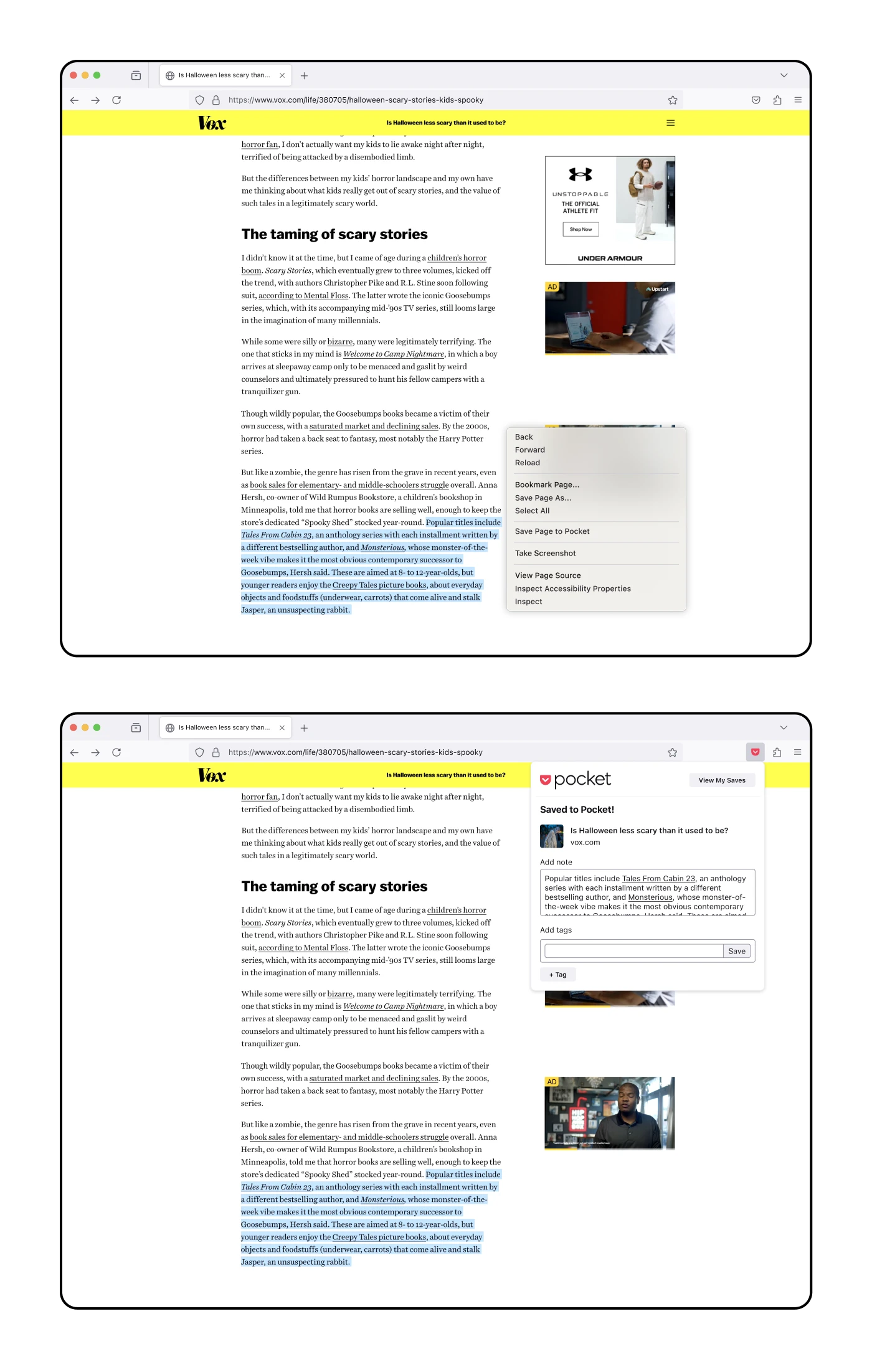 Mocks showing how a Firefox user could save a selection of text to Pocket by highlighting a selection of text and using right-click to save to Pocket