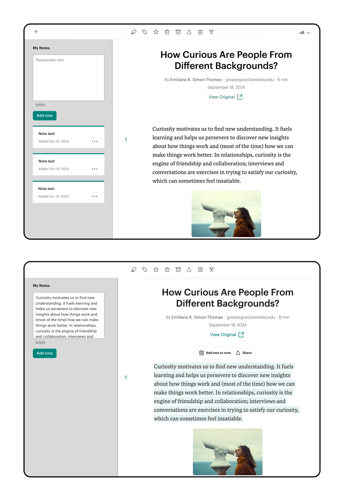 Mocks of Pocket's Reader Mode interface with the ability to add notes directly from the Sidebar or from within selected text in the article itself