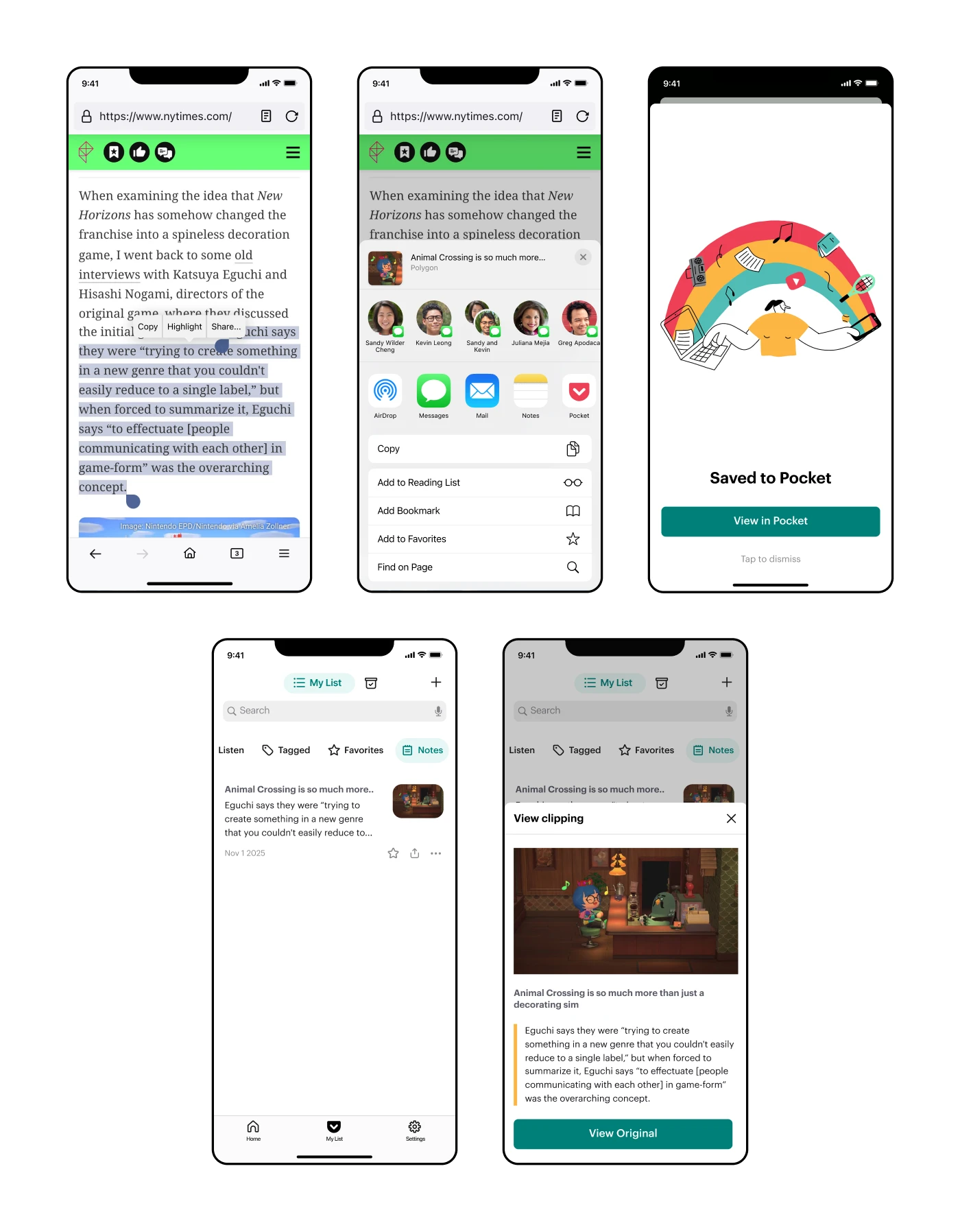 Core screens for adding a web clipping from mobile Firefox to Pocket
