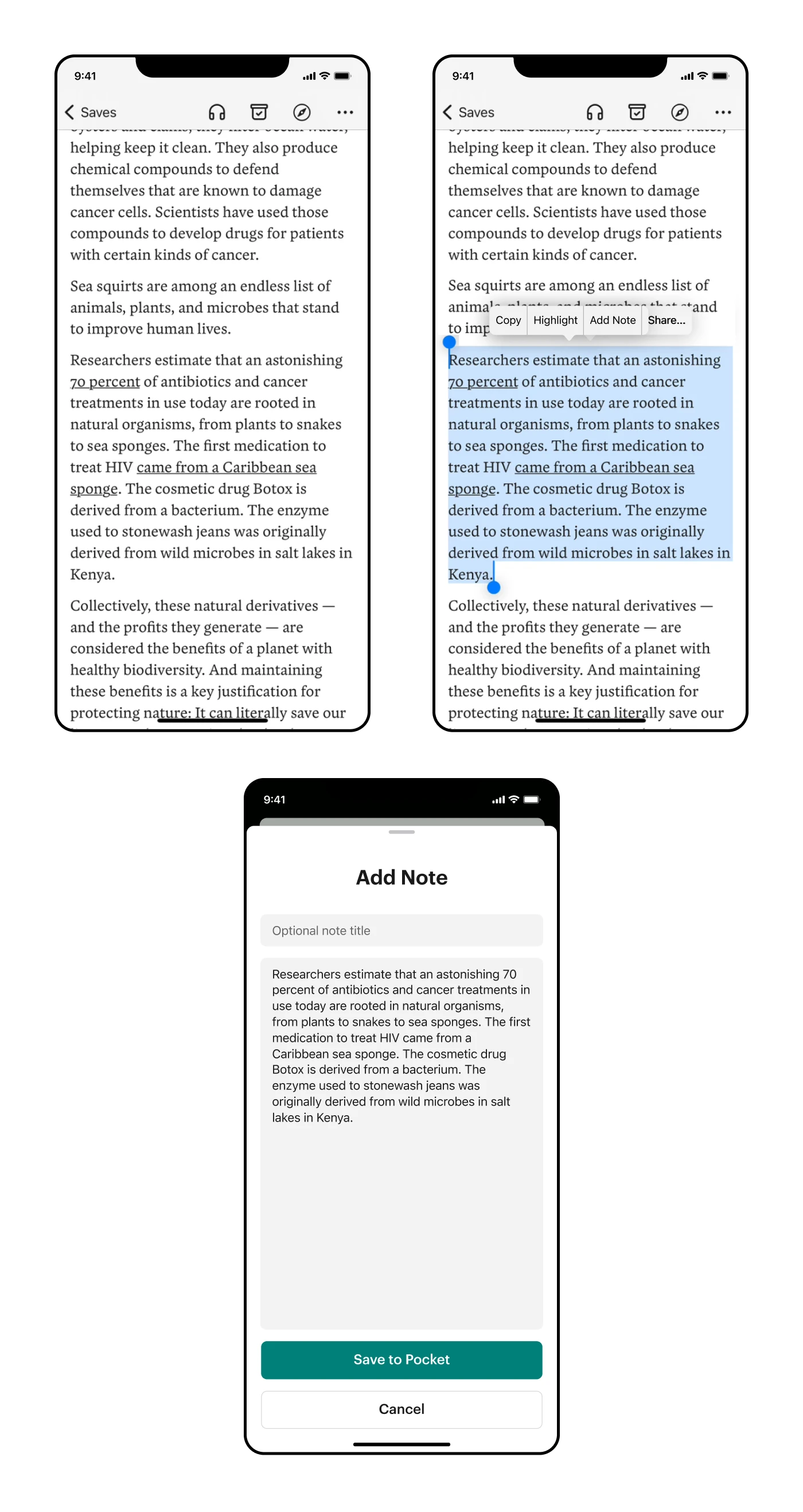 Screens showing adding a note from mobile Pocket reader mode into an isolated note