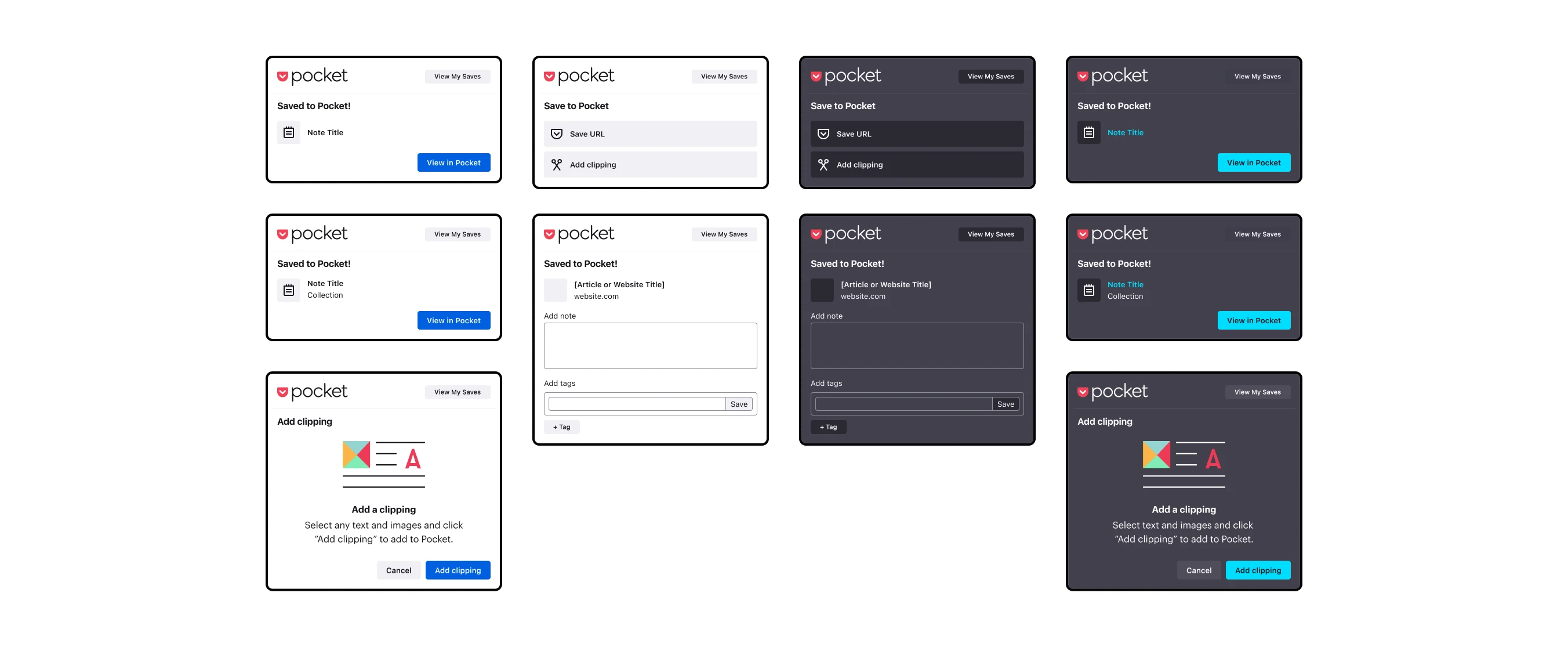 Various widgets for the Pocket Firefox extension, shown in both light mode and dark mode