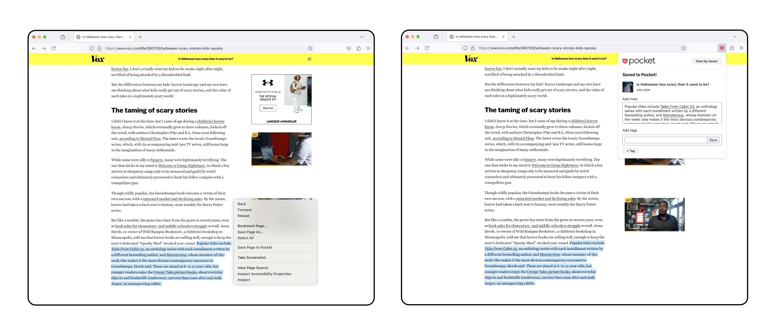 Mocks showing how a Firefox user could save a selection of text to Pocket by highlighting a selection of text and using right-click to save to Pocket