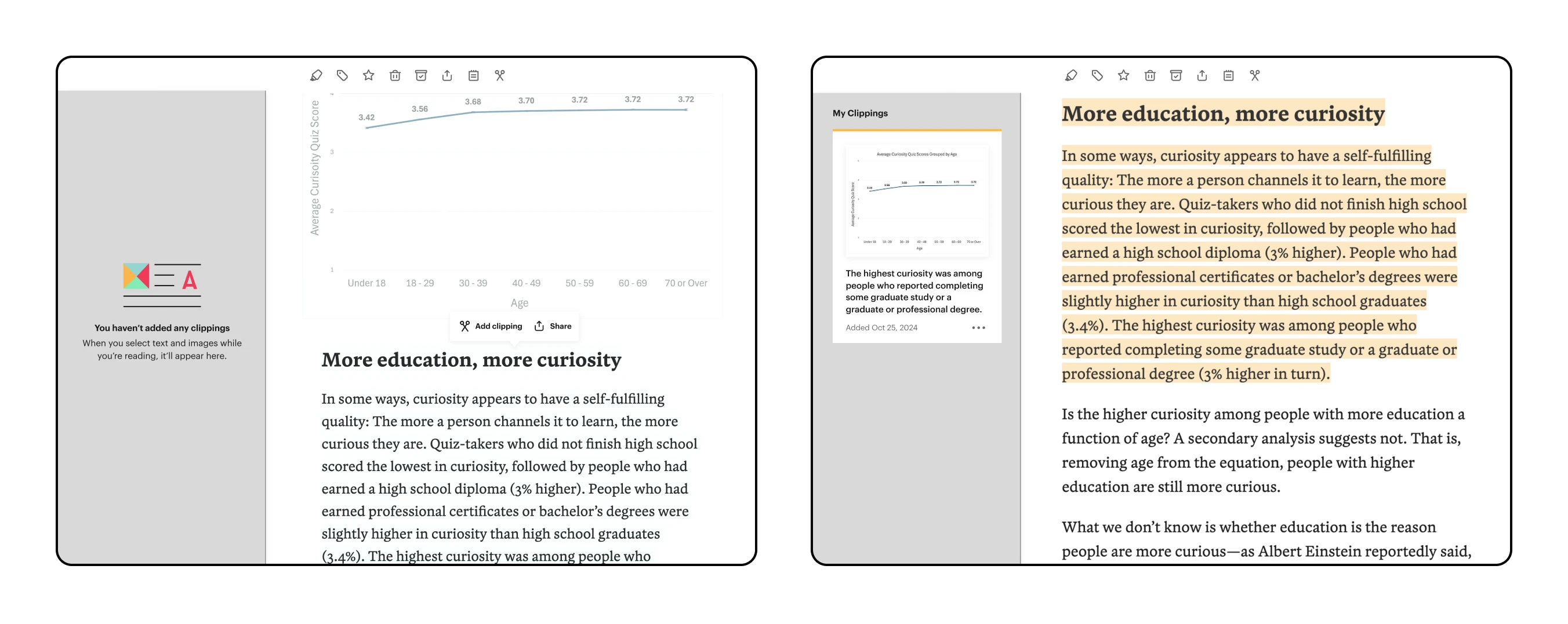 Mocks for adding a web clipping from Pocket which includes the image article and text