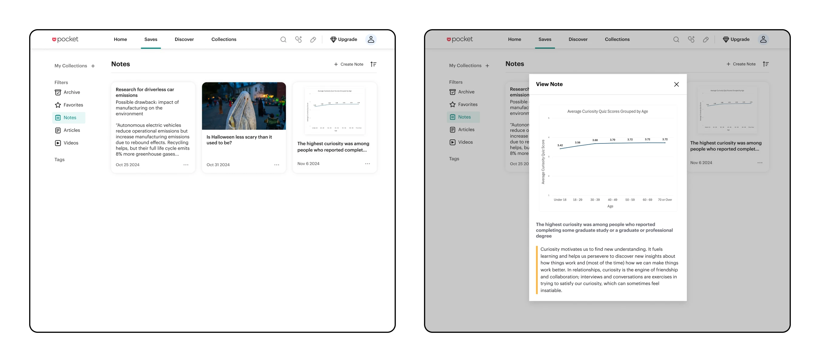 Mocks showing a 'Notes' page within Pocket where notes have been added and can be viewed in a modal overlay