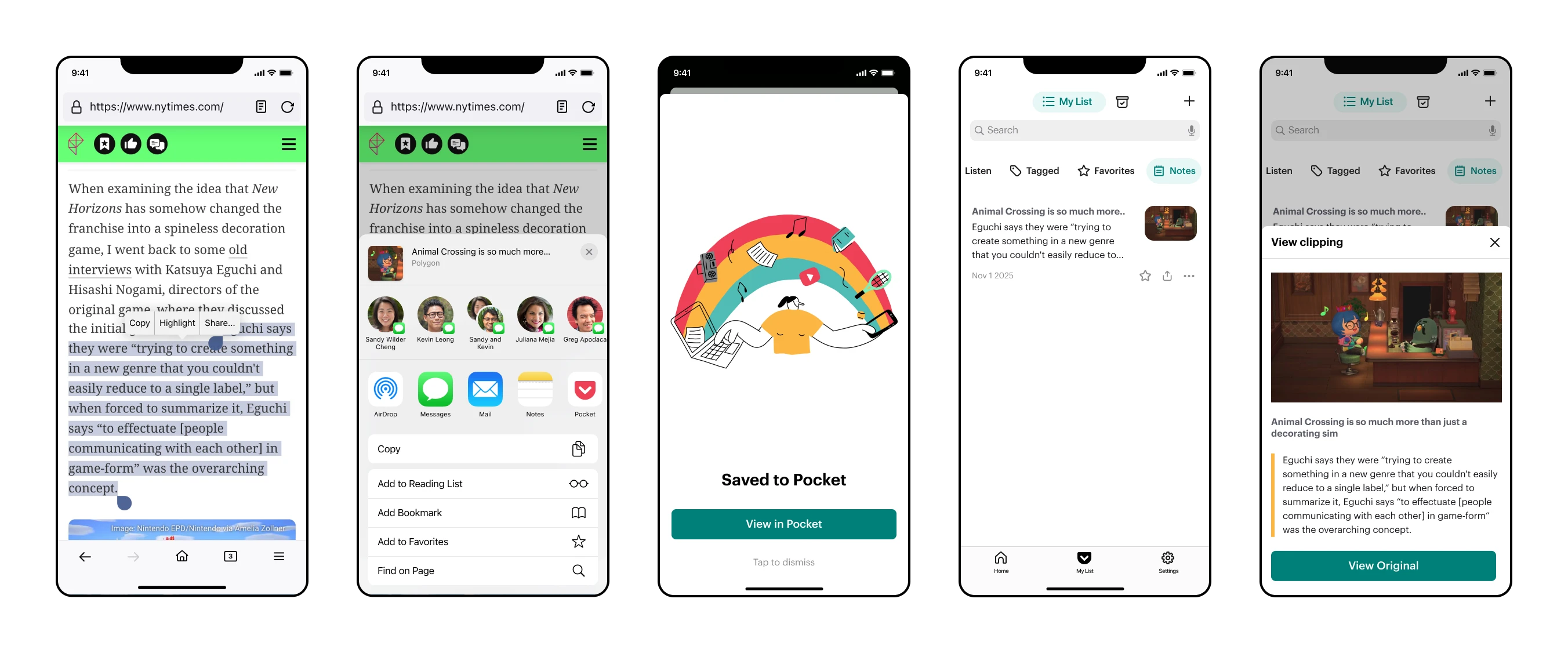 Core screens for adding a web clipping from mobile Firefox to Pocket