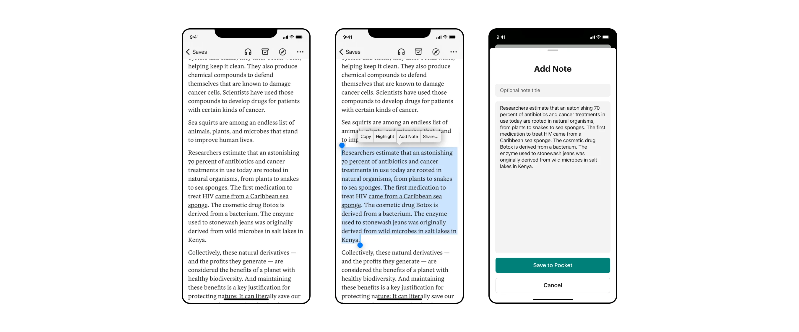 Screens showing adding a note from mobile Pocket reader mode into an isolated note
